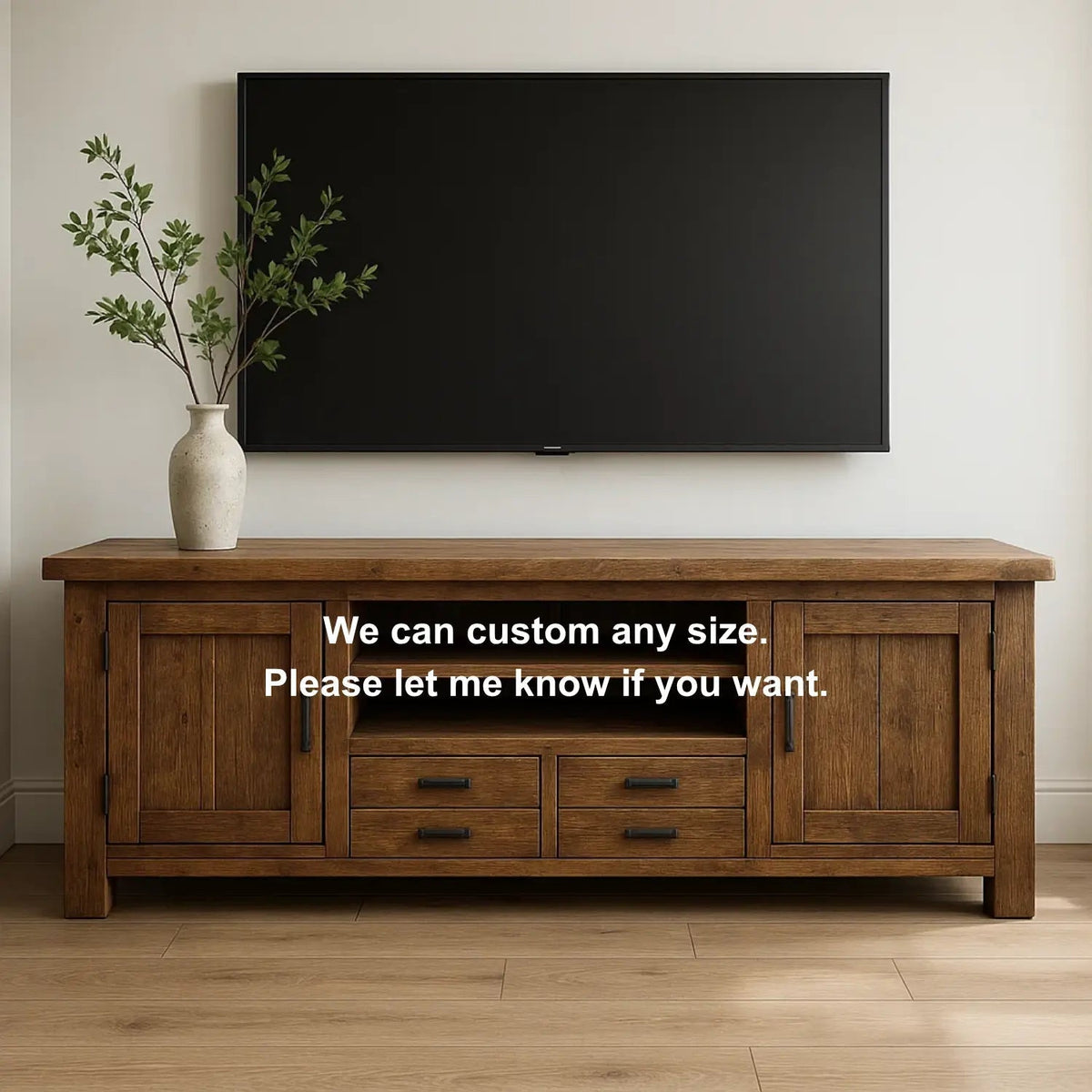 Handcrafted Solid Wood TV Stand – Rustic Farmhouse Media Console with Drawers, Cabinets & Open Shelves Kitchnce