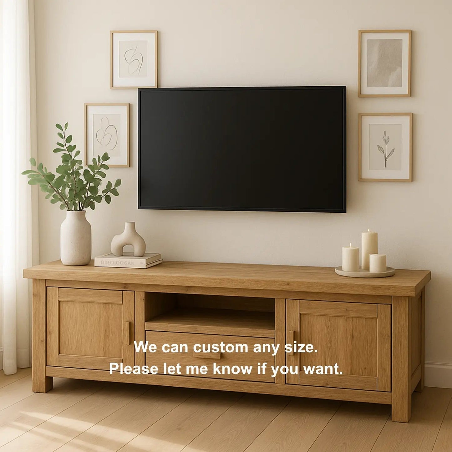 Handcrafted Solid Wood TV Stand – Modern Farmhouse Media Console with Drawer, Cabinets & Open Shelf Kitchnce