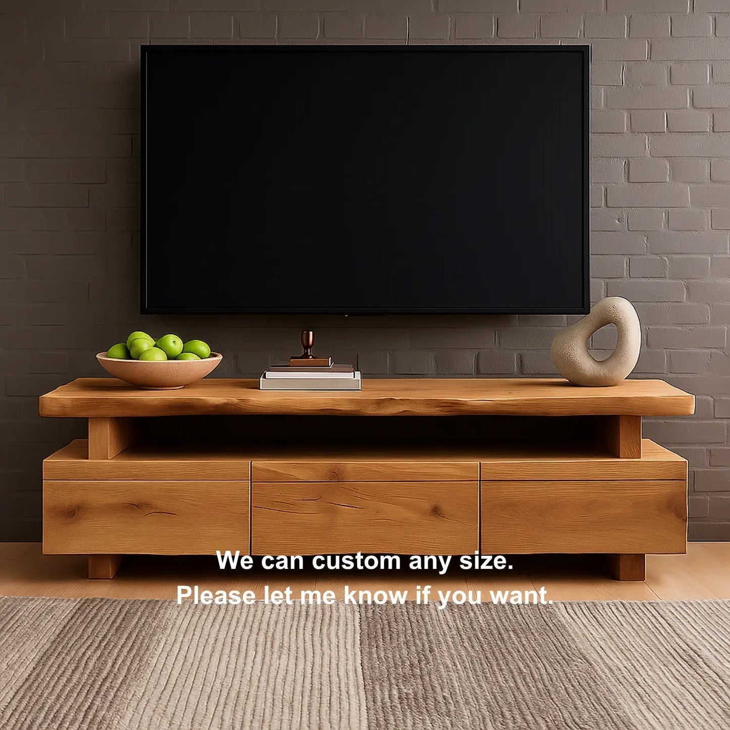 Handcrafted Solid Wood TV Stand – Modern Minimalist Media Console with Three Drawers and Natural Live Edge Design Kitchnce