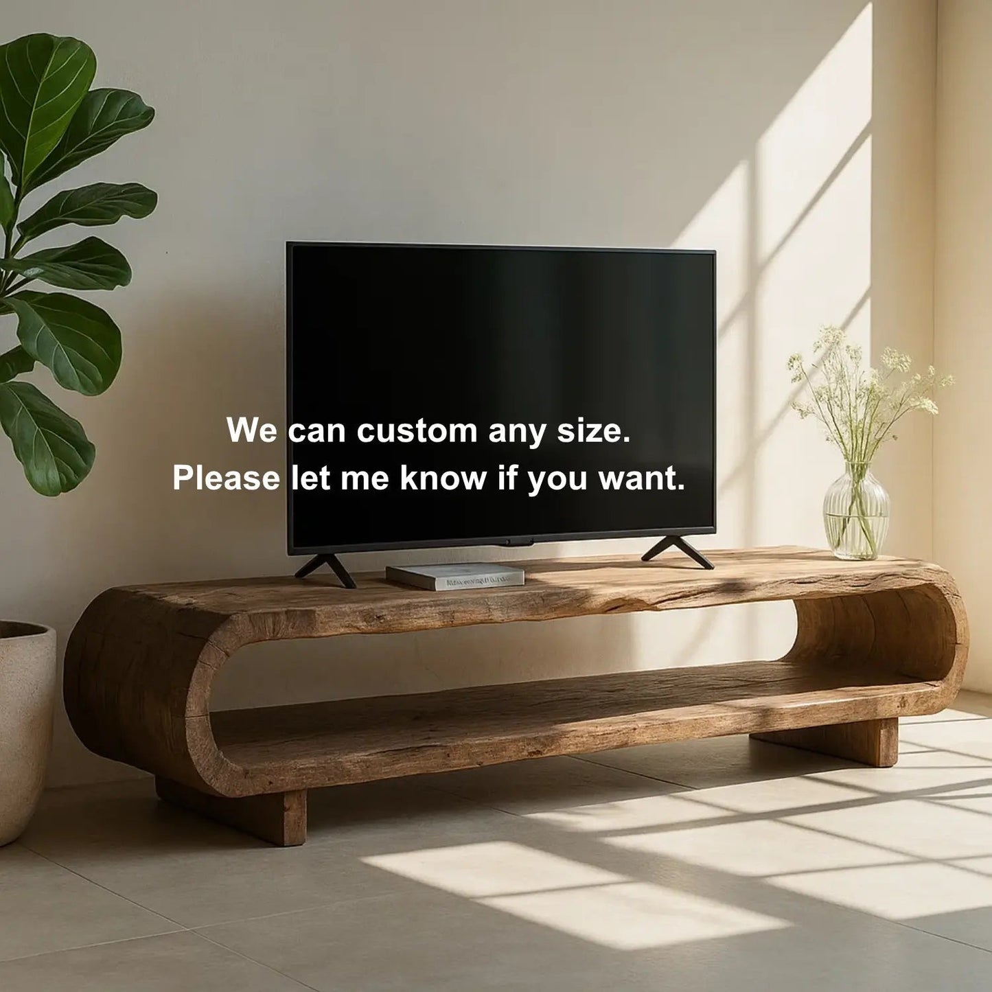 Handcrafted Solid Wood TV Stand – Organic Sculptural Media Console with Natural Rustic Finish and Open Shelves Kitchnce