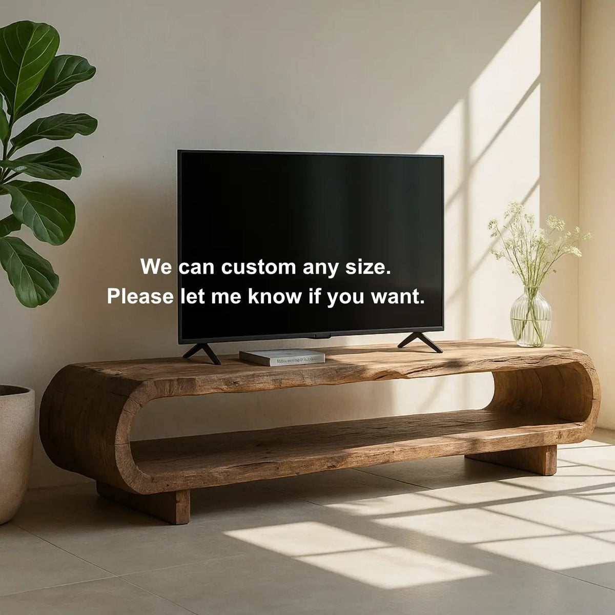 Handcrafted Solid Wood TV Stand – Organic Sculptural Media Console with Natural Rustic Finish and Open Shelves Kitchnce