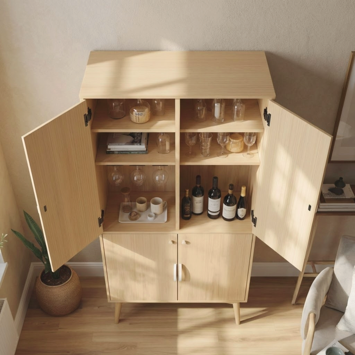 Handcrafted Solid Wood Wine Cabinet Scandinavian Style Bar Storage with Glass Rack