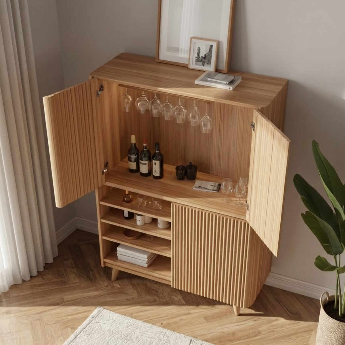 Handcrafted Solid Wood Wine Cabinet Ribbed Door Scandinavian Bar Storage with Glass Rack Display
