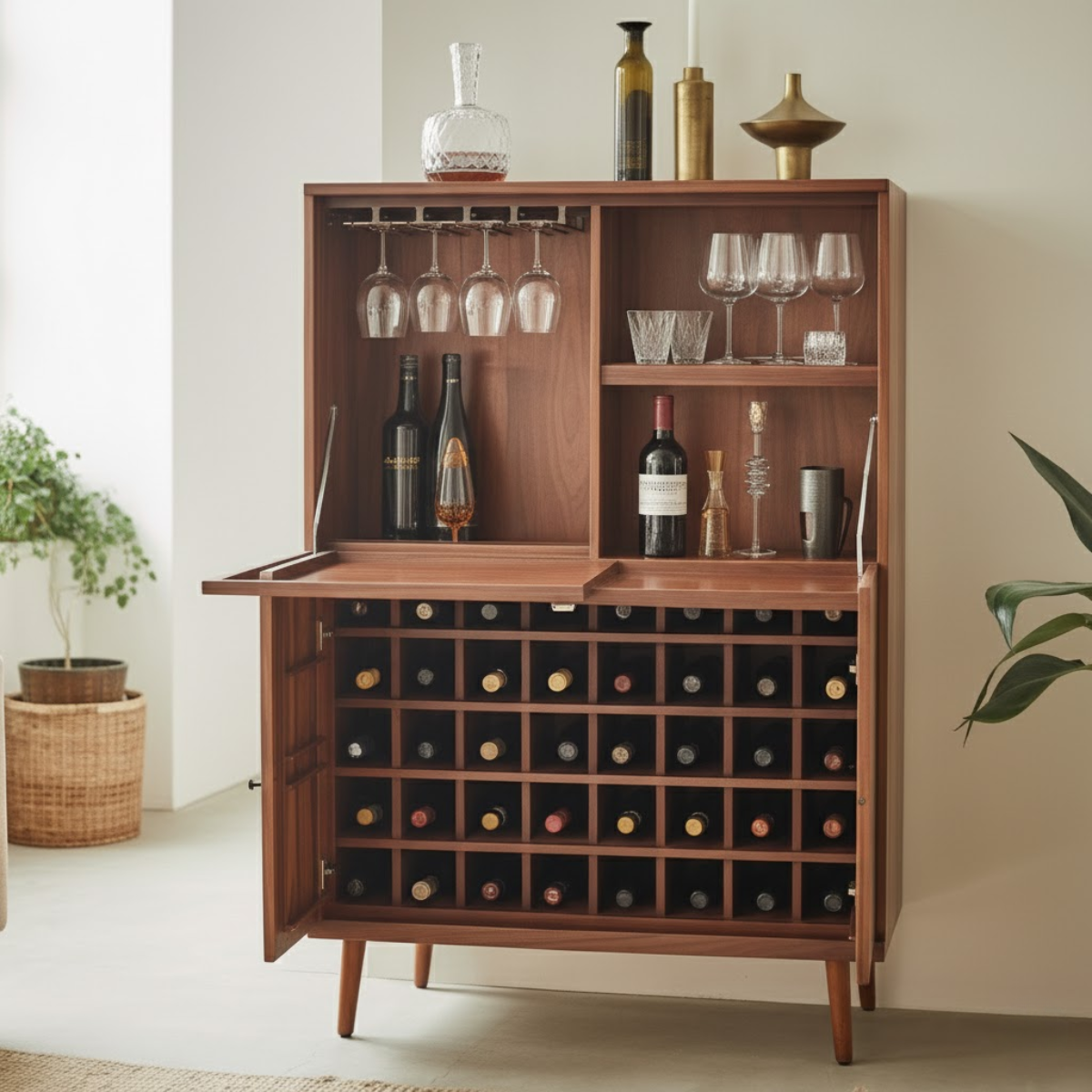 Handcrafted Solid Wood Wine Cabinet Mid Century Modern Bar Storage with Glass Holder Home Furniture