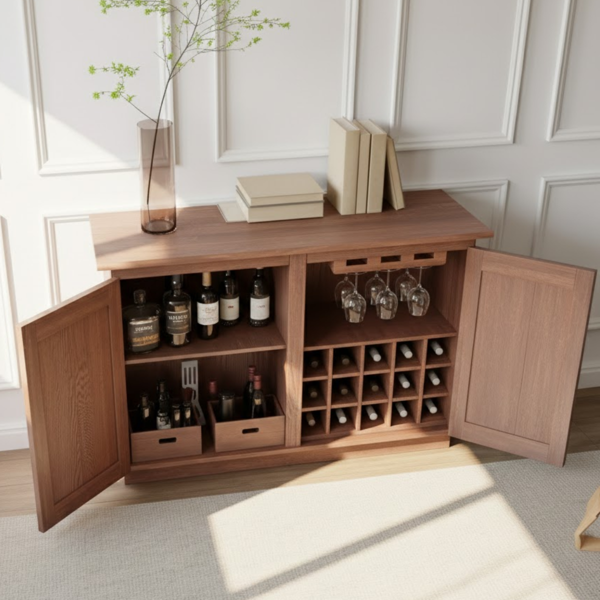 Handcrafted Solid Wood Wine Cabinet Sideboard with Glass Rack Mid Century Bar Storage