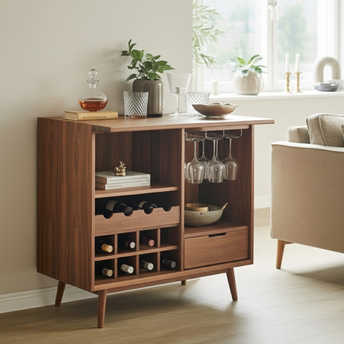 Handcrafted Solid Wood Wine Cabinet Compact Bar Storage with Glass Holder Mid Century Style