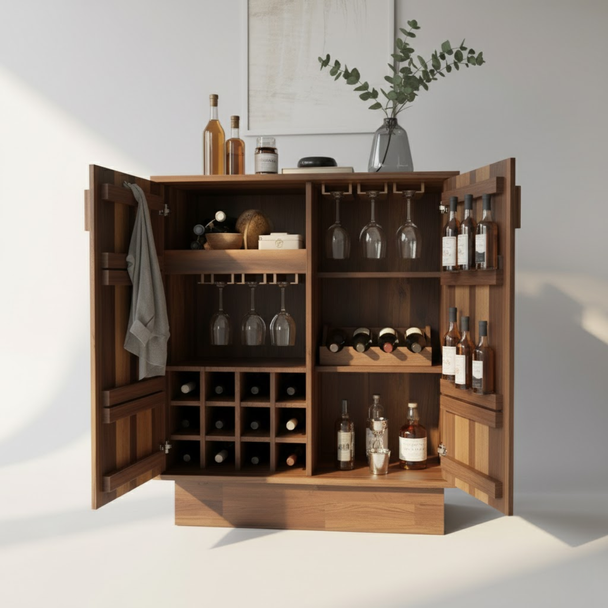 Handcrafted Solid Wood Wine Cabinet Mid Century Bar with Glass Rack and Bottle Storage-Sideboard