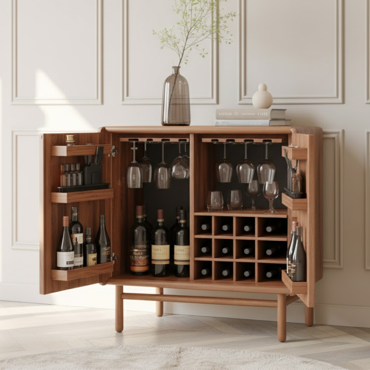 Handcrafted Solid Wood Wine Cabinet Mid Century Bar with Glass Rack and Bottle Storage