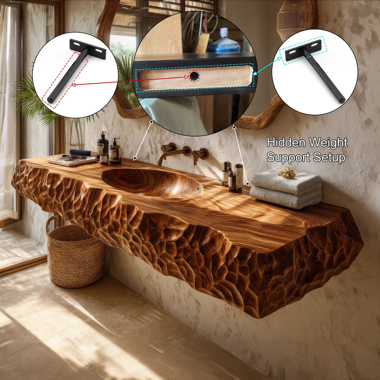 Dravento Handcrafted Sculpted Solid Wood Floating Bathroom Vanity with Integrated Sink SPA245346 Kitchnce