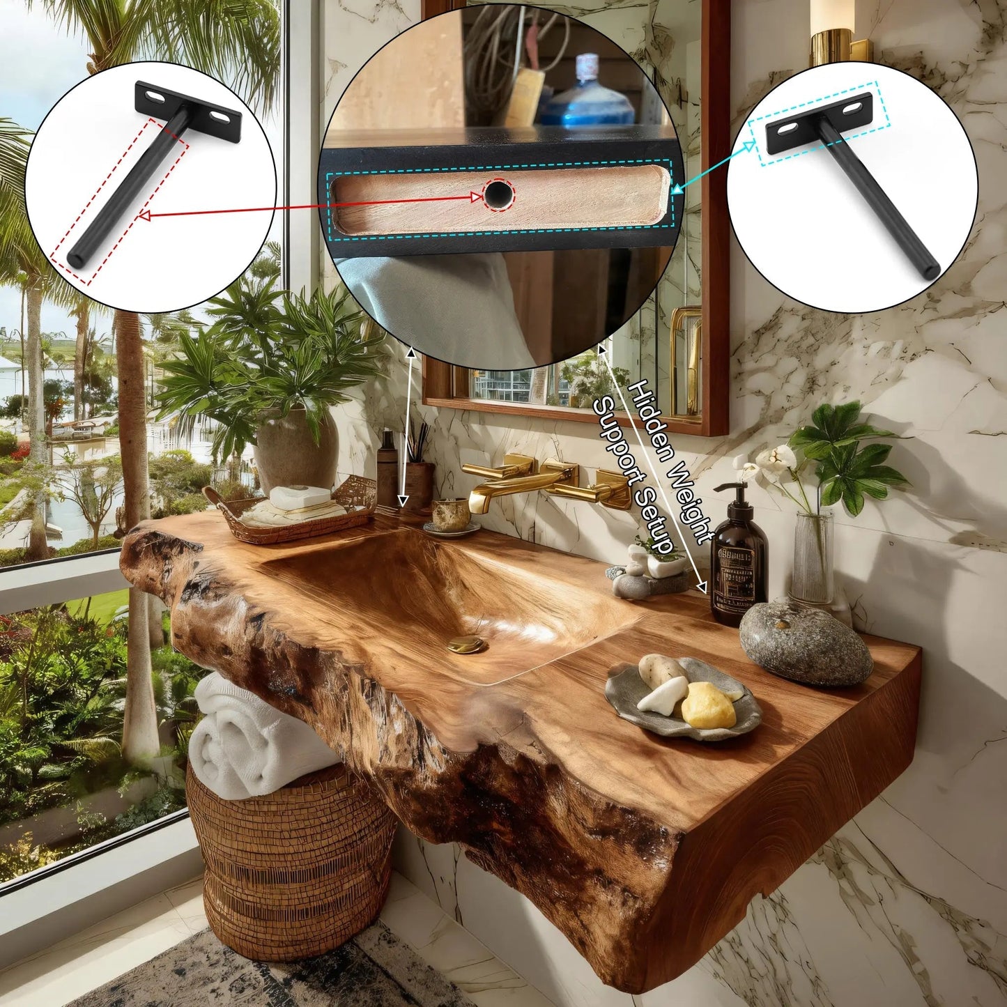 Elarion Live Edge Solid Wood Floating Bathroom Vanity with Integrated Sink SPA572004 Kitchnce