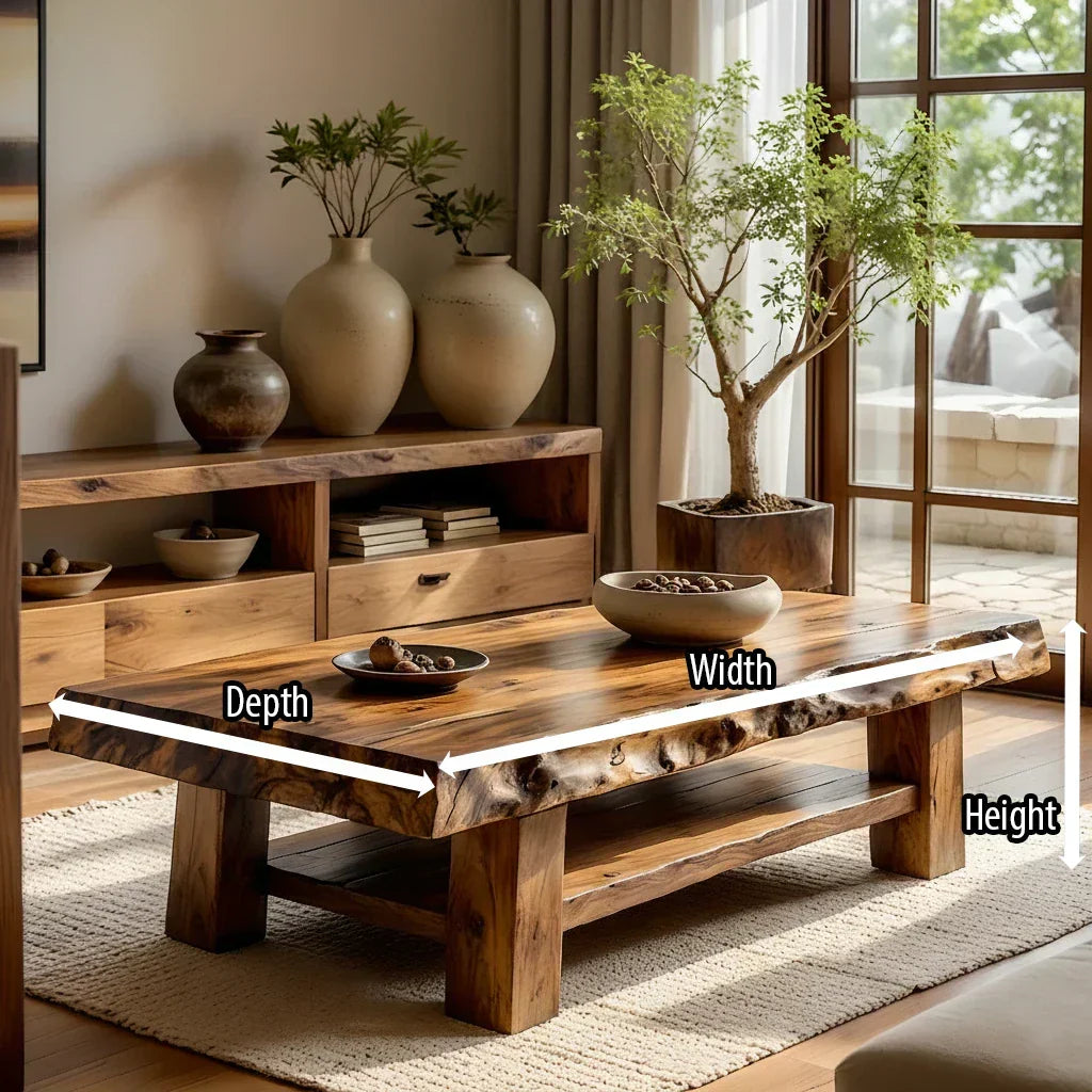 Solid Wood Coffee Table with Live Edge Top and Open Shelf Base