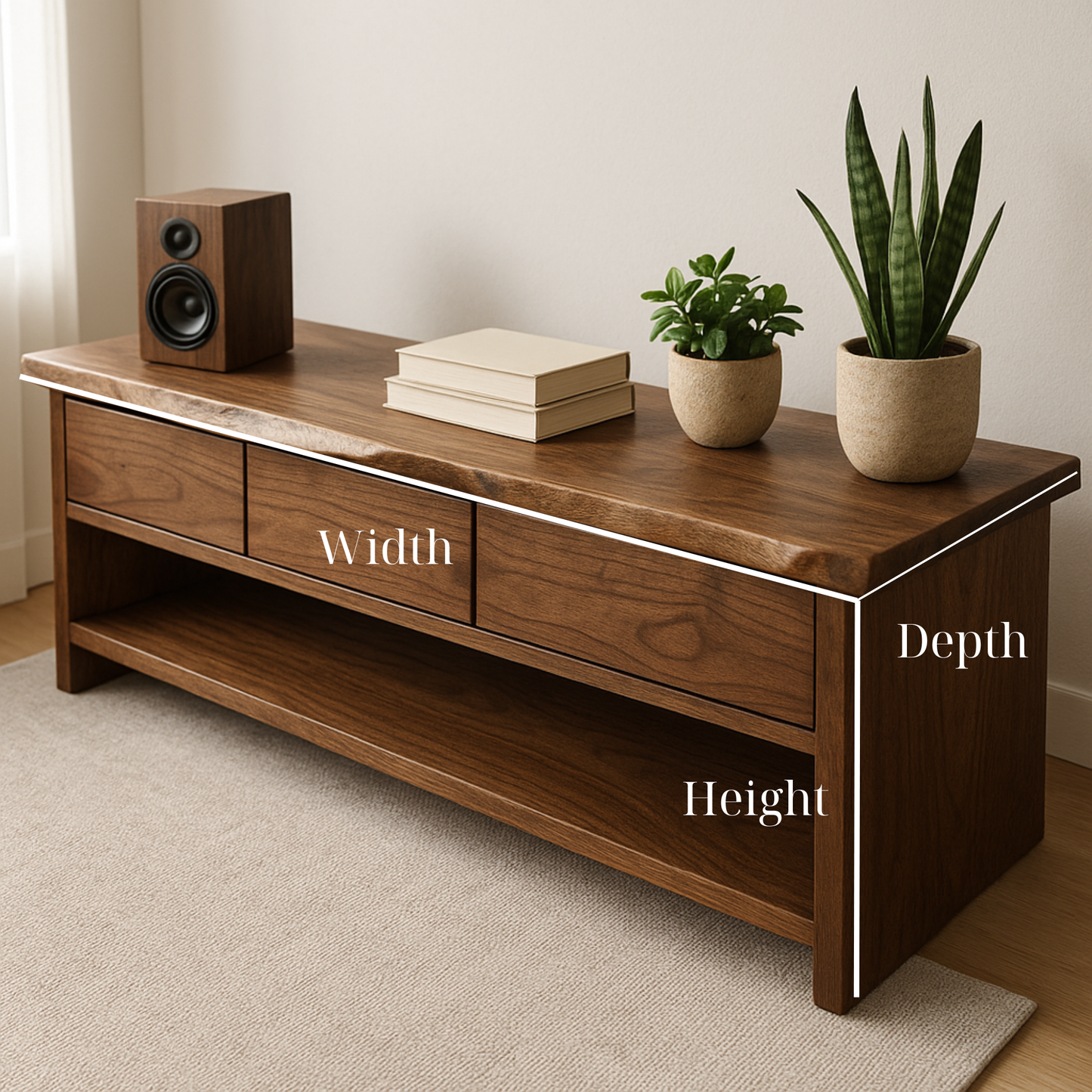 Handcrafted Solid Wood TV Stand – Minimalist Walnut Media Console with Drawers and Open Shelf Kitchnce