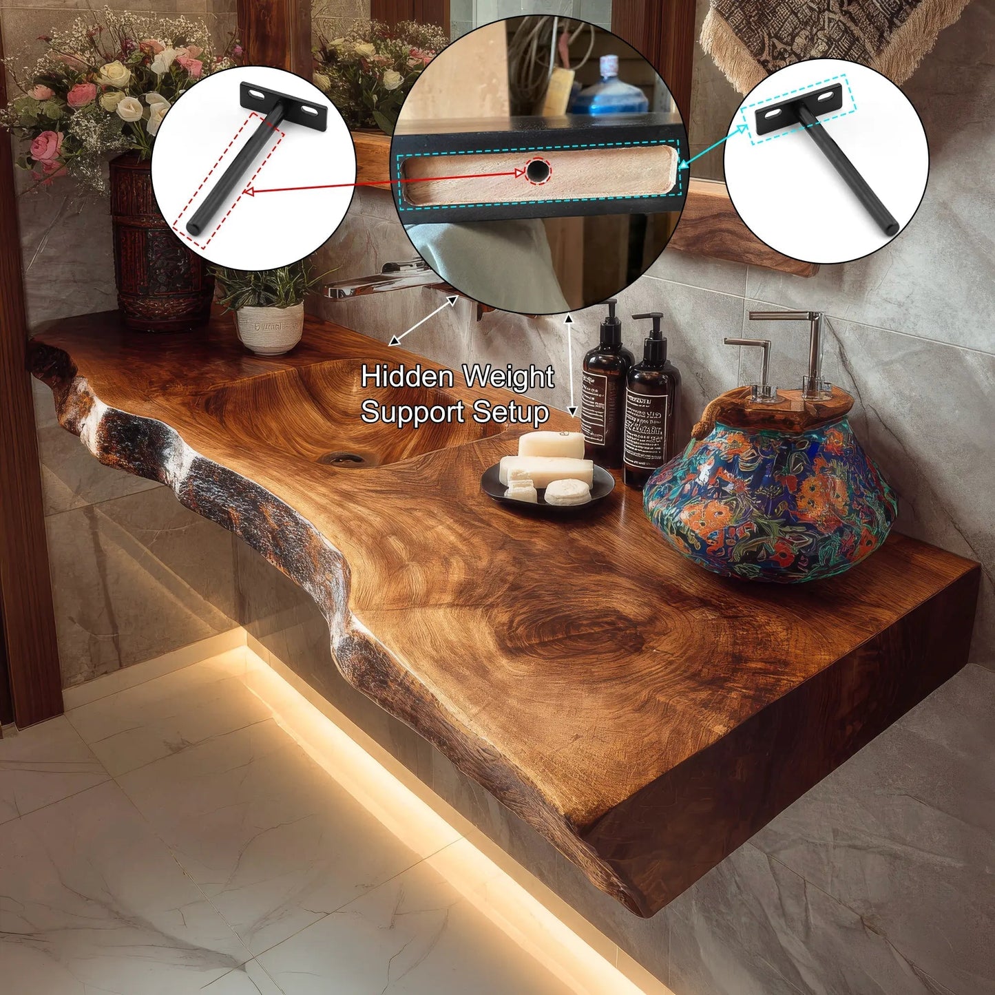 Kavero Handcrafted Live Edge Solid Wood Floating Bathroom Vanity with Integrated Sink SPA183672 Kitchnce