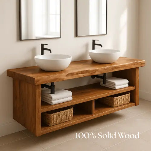 Floating Double Sink Bathroom Vanity – Solid Wood Live Edge Countertop with Open Shelves – Rustic Modern Wall-Mounted Vanity Design Kitchnce