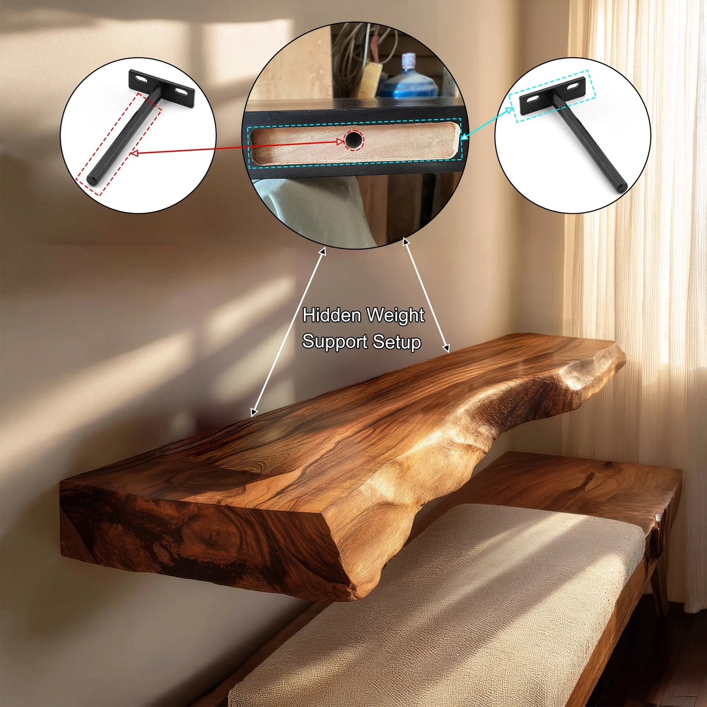 Norvain Live Edge Solid Wood Floating Shelf SPA802314 Kitchnce