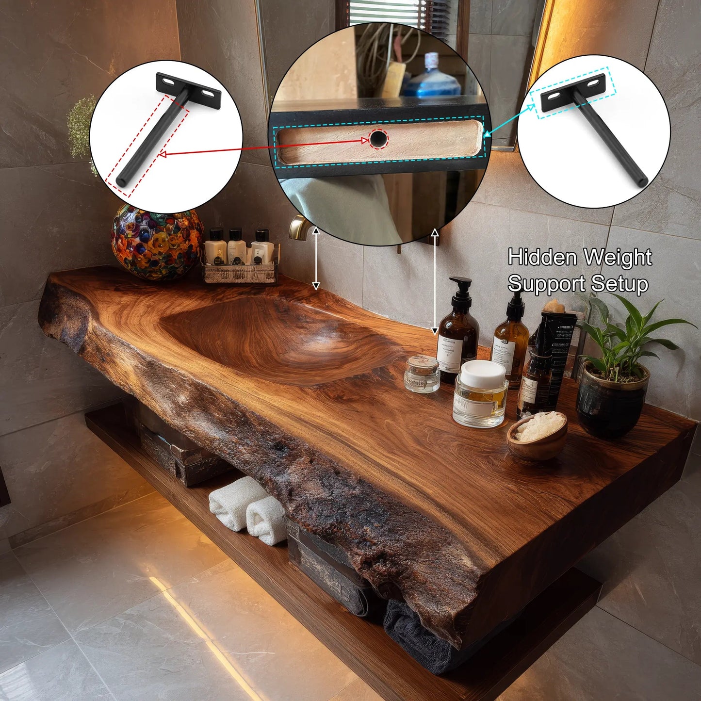 Orvello Handcrafted Live Edge Solid Wood Floating Bathroom Vanity with Integrated Sink SPA361872 Kitchnce
