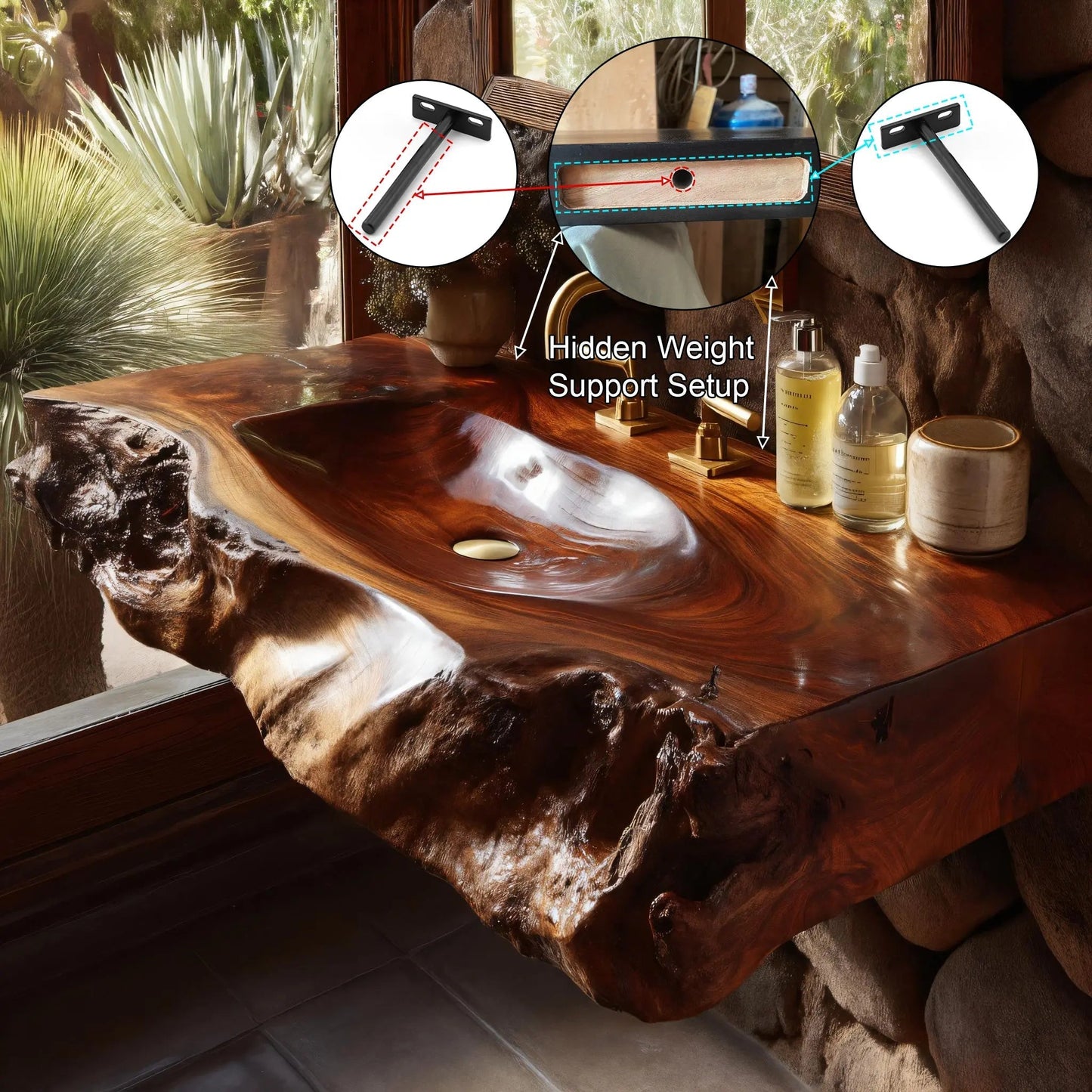 Rovira Live Edge Solid Wood Floating Bathroom Vanity with Integrated Sink SPA124233 Kitchnce