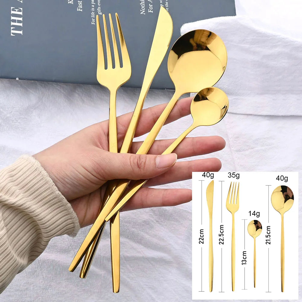24-Piece Stainless Steel Cutlery Set – Elegant Golden, Silver, & Black Silverware Set for Fine Dining – Rust-Resistant Knife, Fork, & Spoon Set with Black Handles