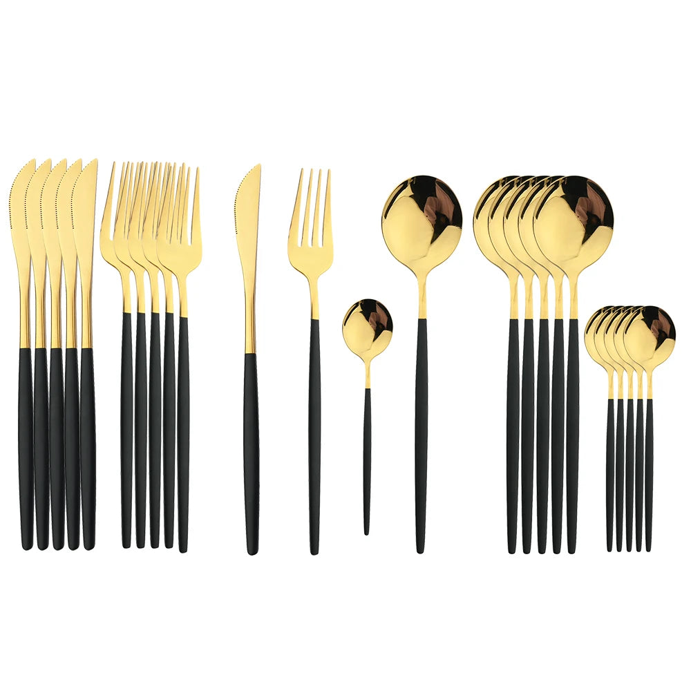24-Piece Stainless Steel Cutlery Set – Elegant Golden, Silver, & Black Silverware Set for Fine Dining – Rust-Resistant Knife, Fork, & Spoon Set with Black Handles