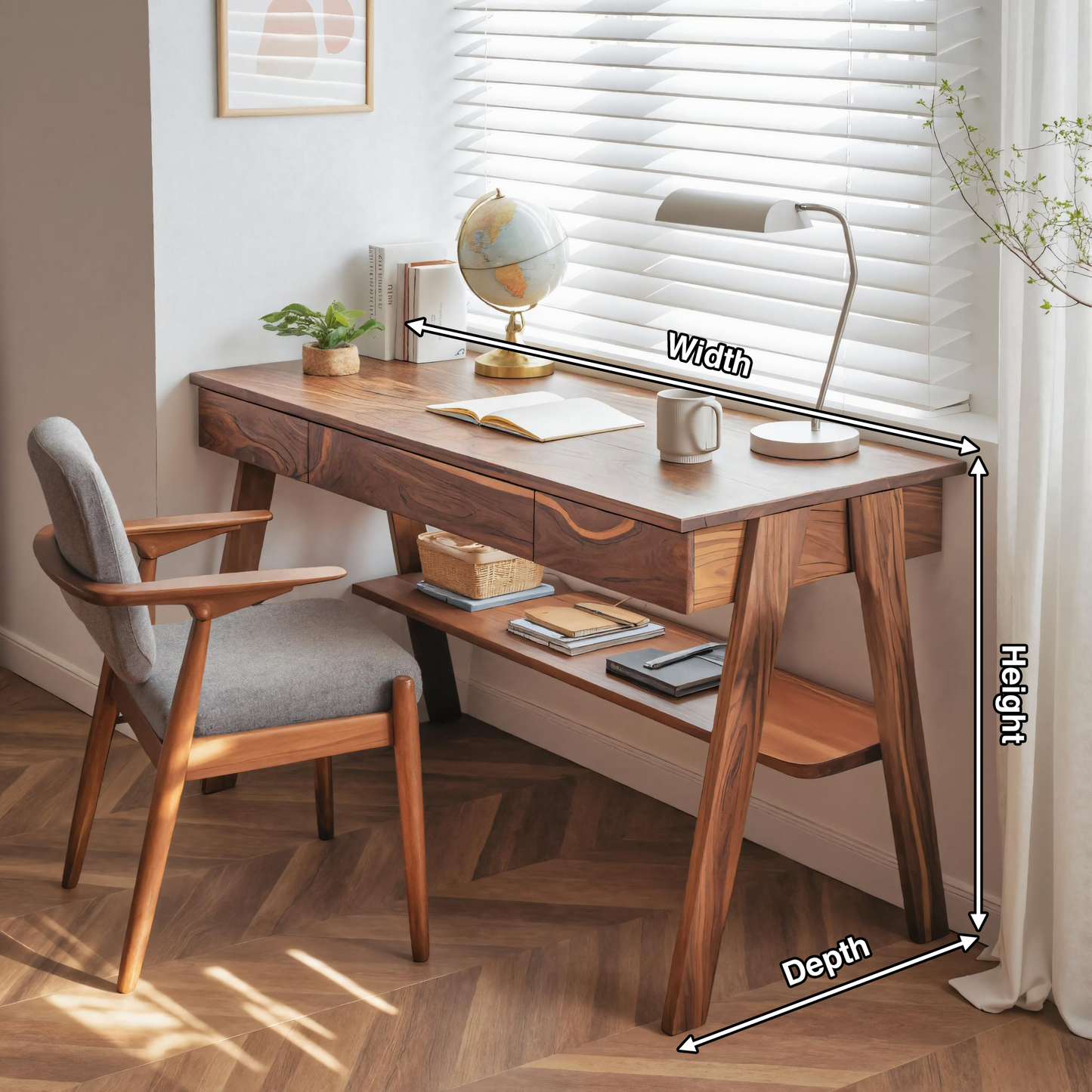 Mid Century Wooden Writing Desk With Drawers And Shelf For Home Office Kitchnce