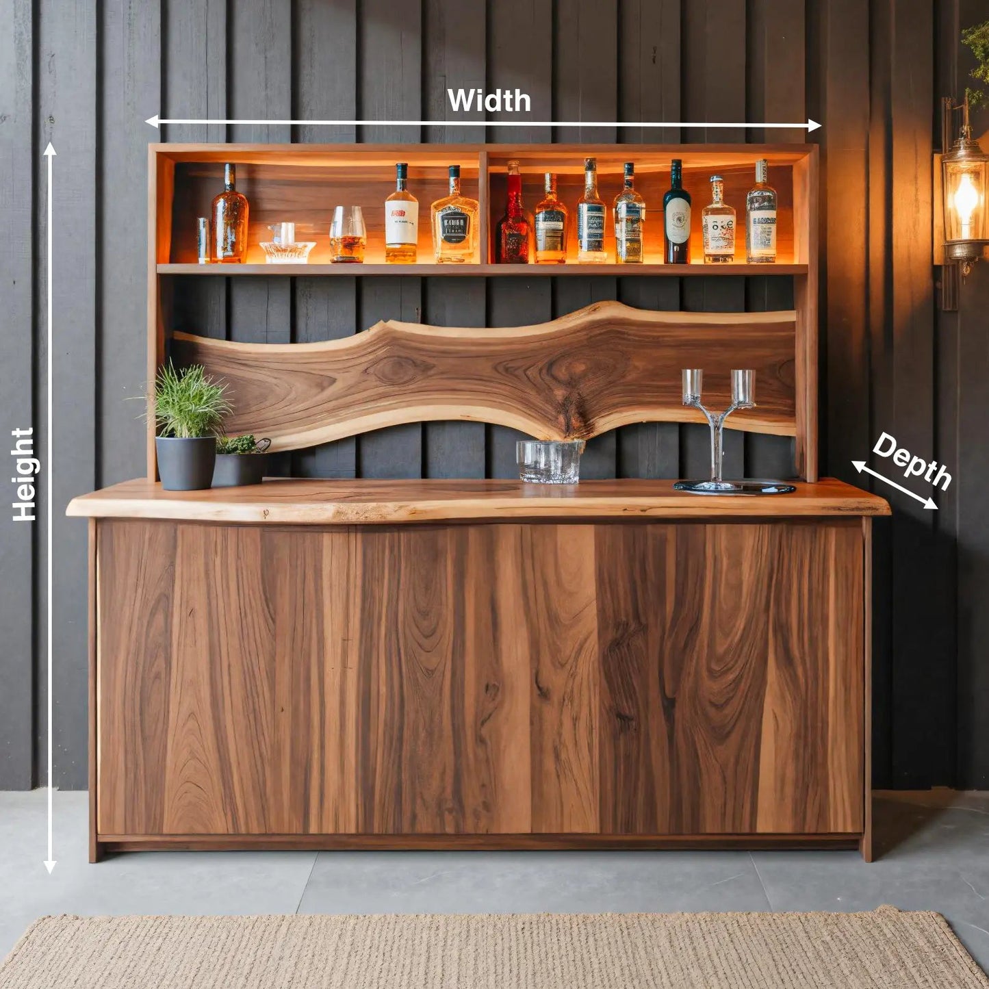 Modern Live Edge Indoor Bar Table With Wave Shelf For Home Lounge Kitchnce