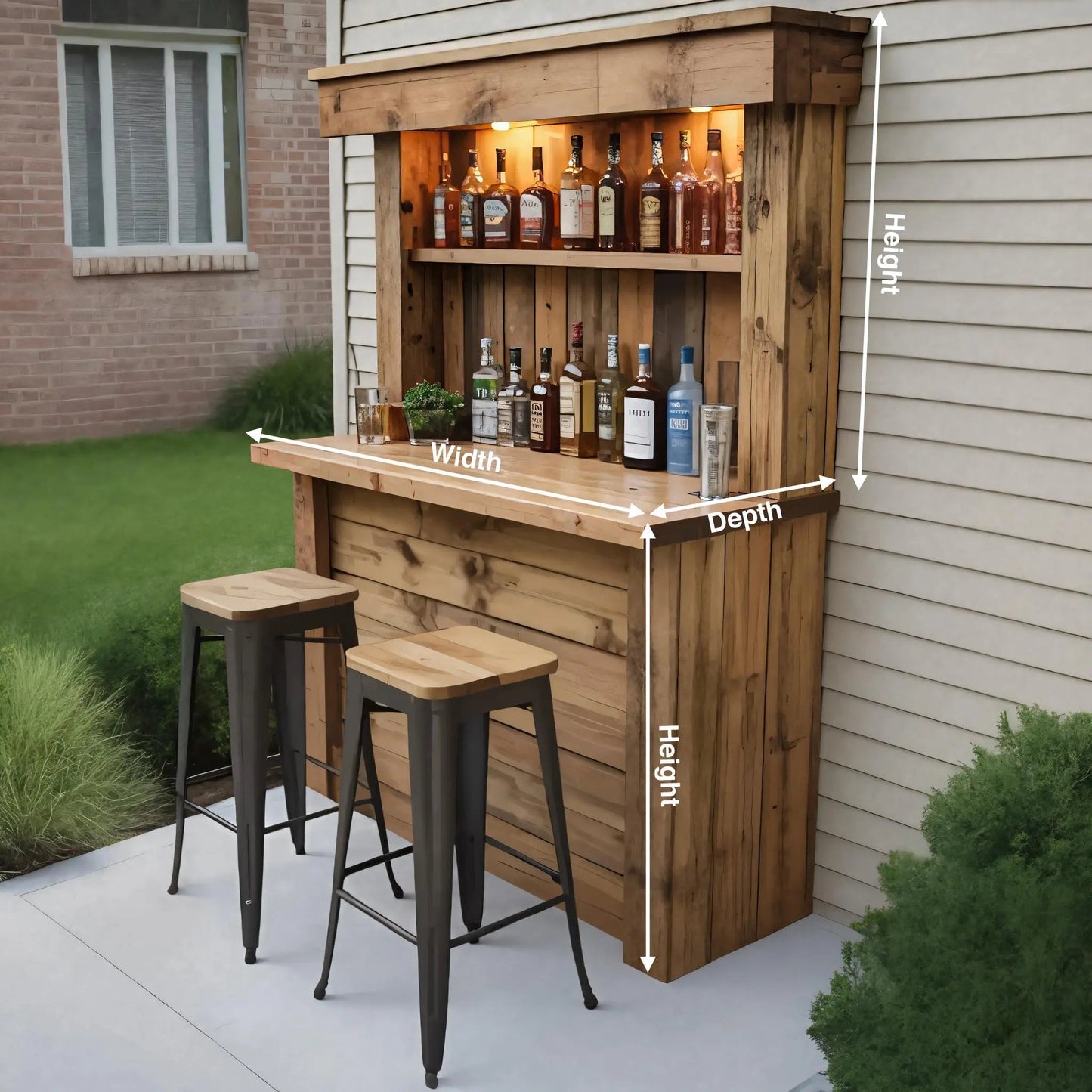 Rustic Wall Mounted Outdoor Bar With Shelves And Lights For Garden Or Patio Kitchnce