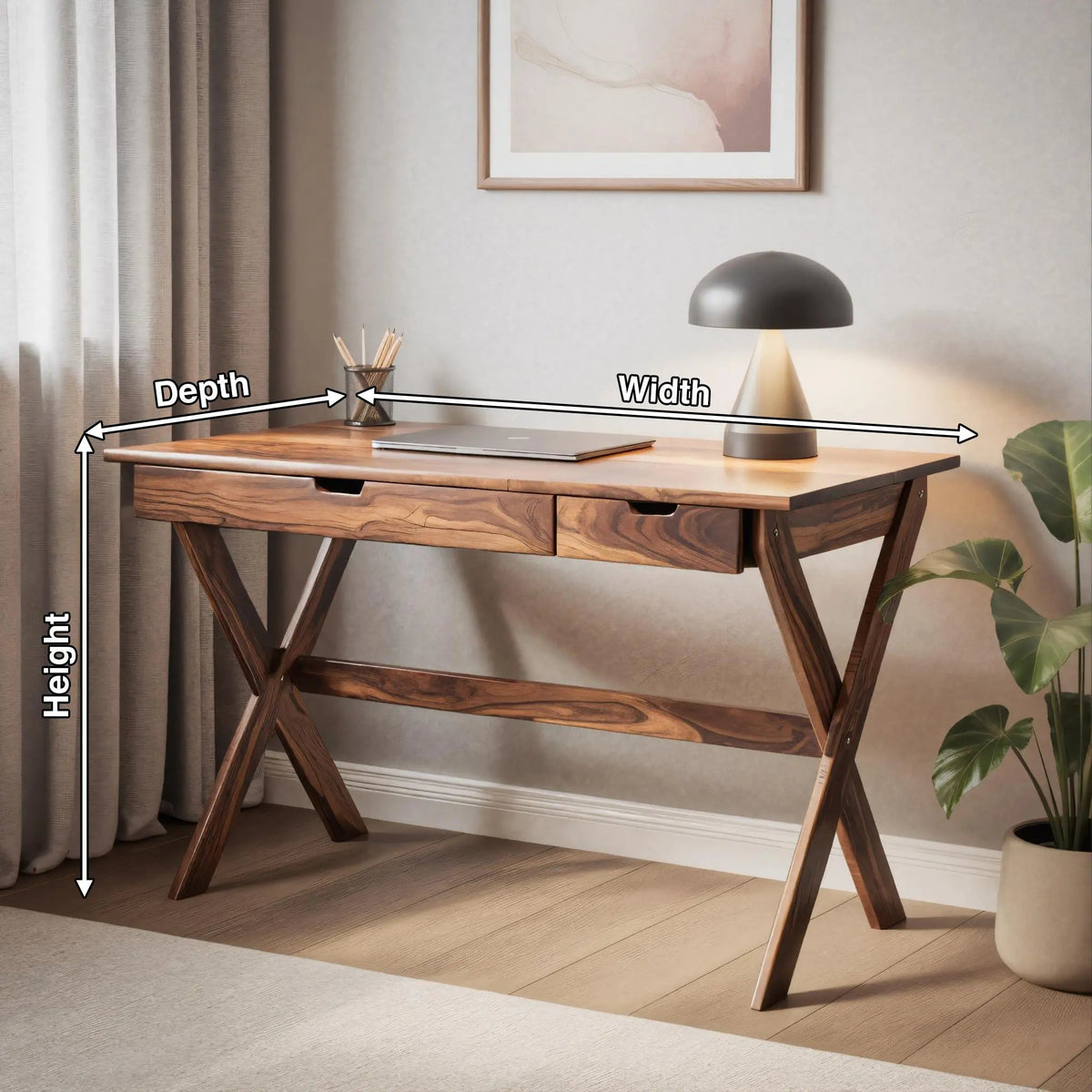 Scandinavian Wooden Desk with X Shaped Legs For Home Office Or Study Kitchnce