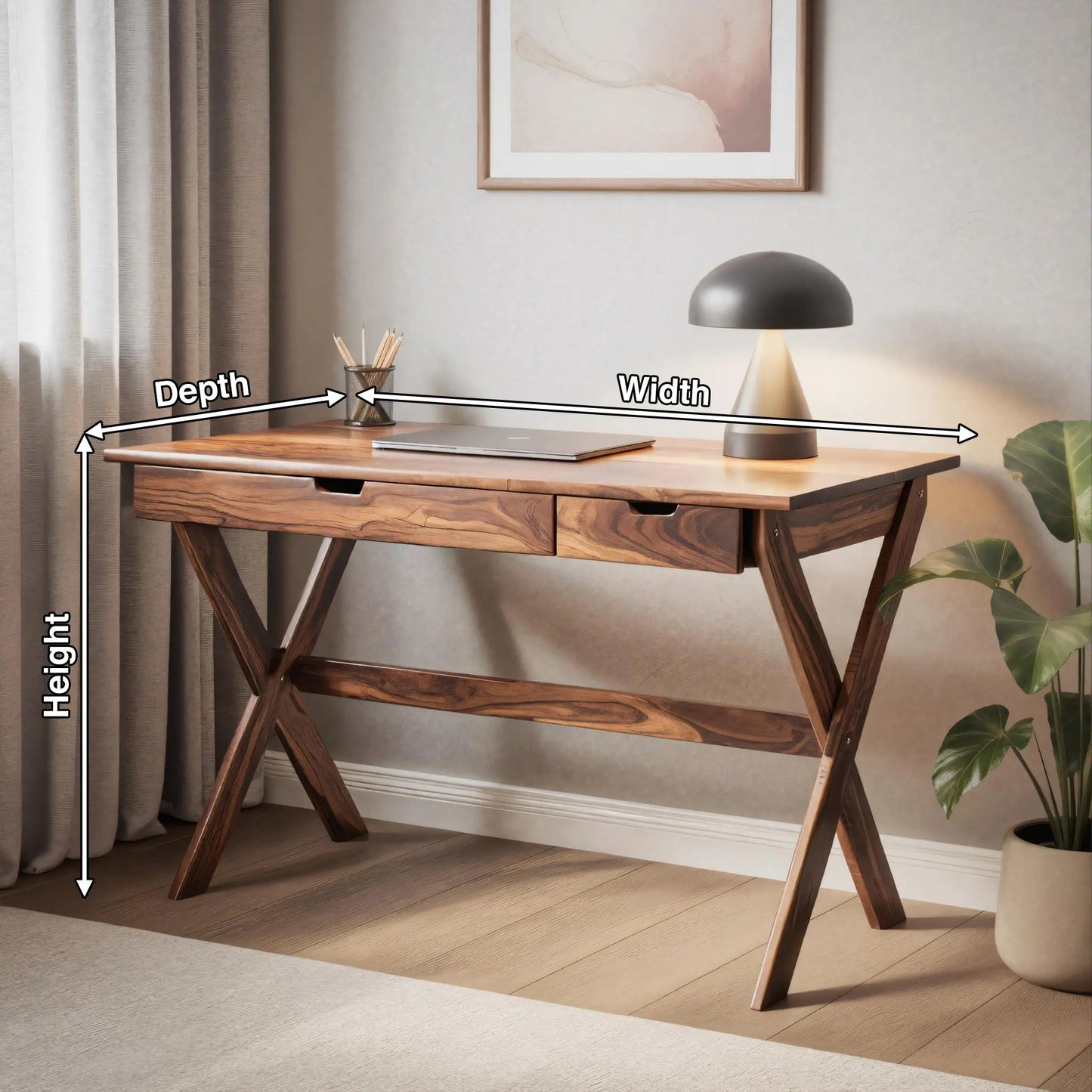 Scandinavian Wooden Desk with X Shaped Legs For Home Office Or Study Kitchnce