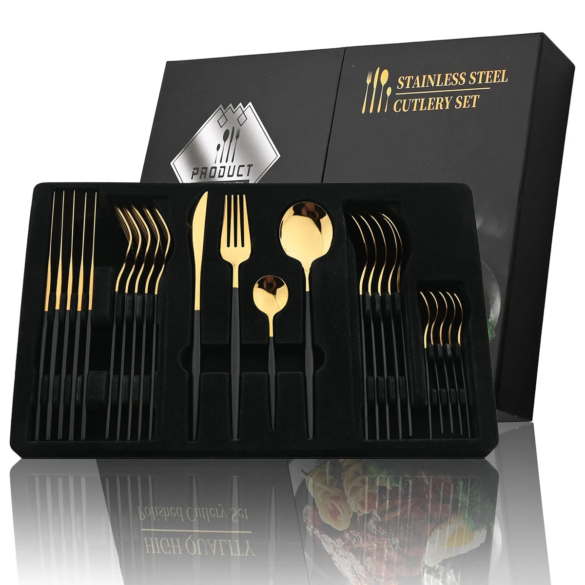 24-Piece Stainless Steel Cutlery Set – Elegant Golden, Silver, & Black Silverware Set for Fine Dining – Rust-Resistant Knife, Fork, & Spoon Set with Black Handles