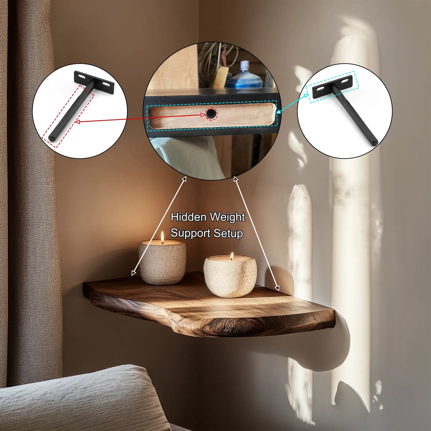 Selvaren Live Edge Solid Wood Corner Floating Shelf SPA606606 Kitchnce
