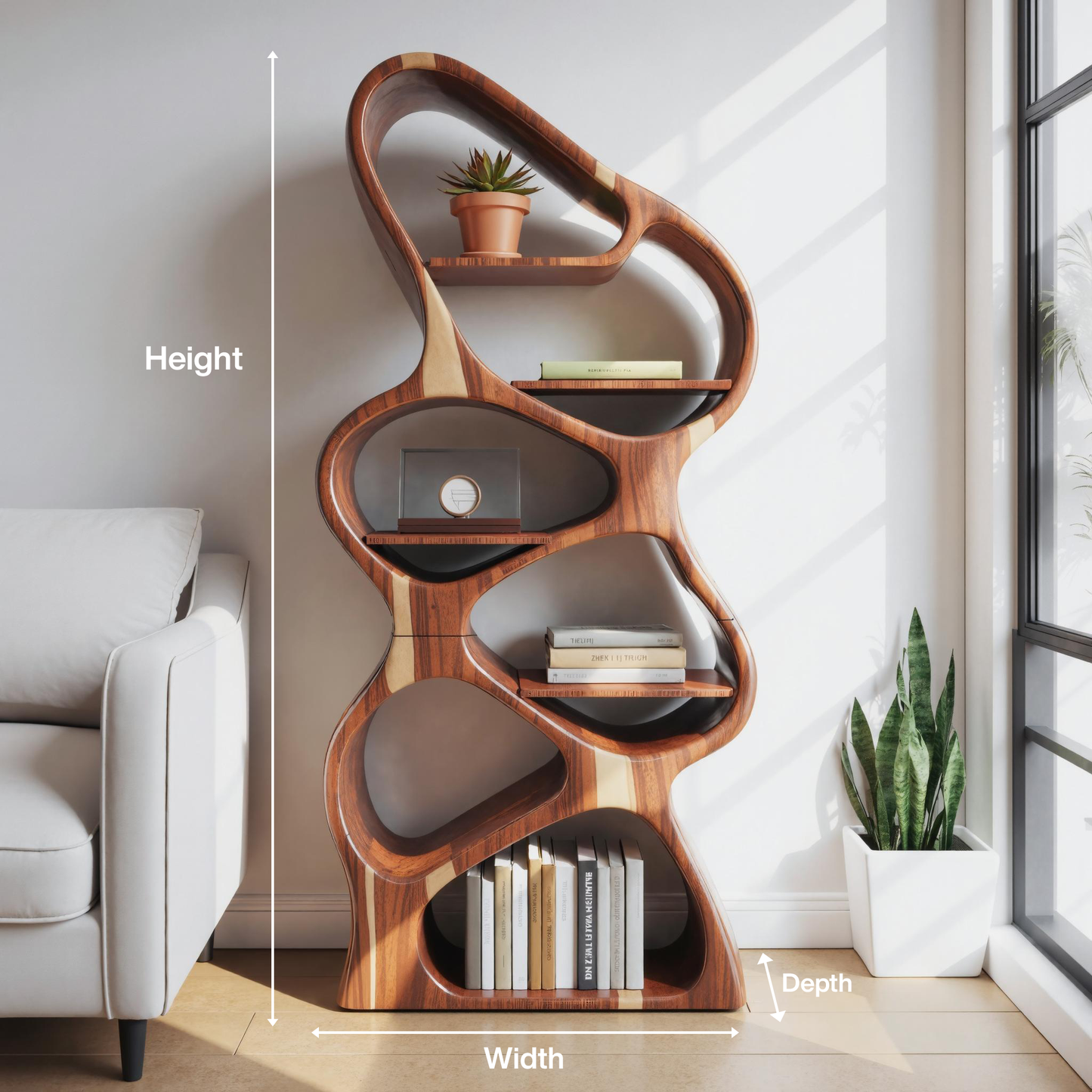 Modern Sculptural Bookshelf With Flowing Shelves For Home Library And Living Room Kitchnce