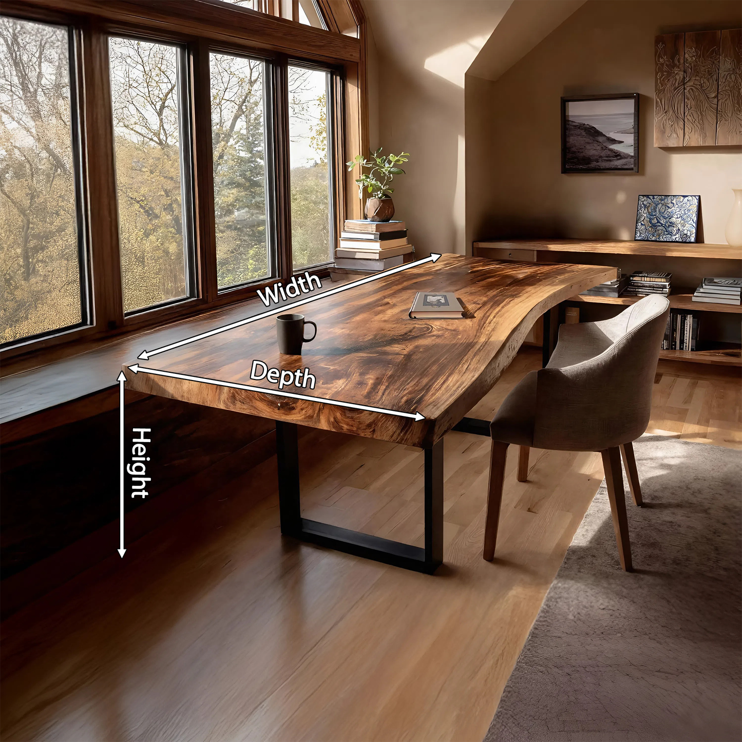 Mid Century Rustic Wooden Live Edge Desk For Home Office