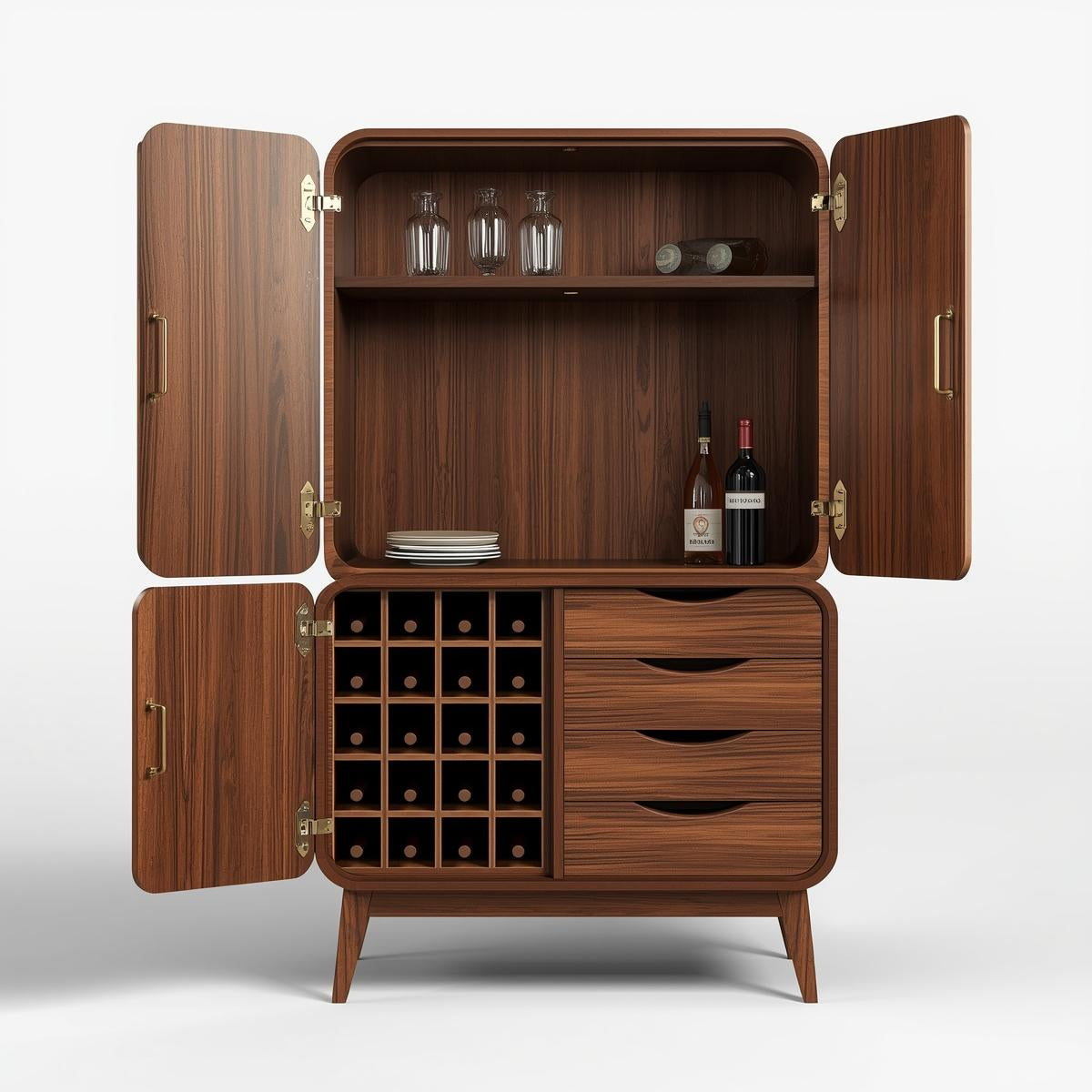 Handcrafted Solid Wood Wine Cabinet Mid Century Bar Storage with Drawers and Bottle Grid