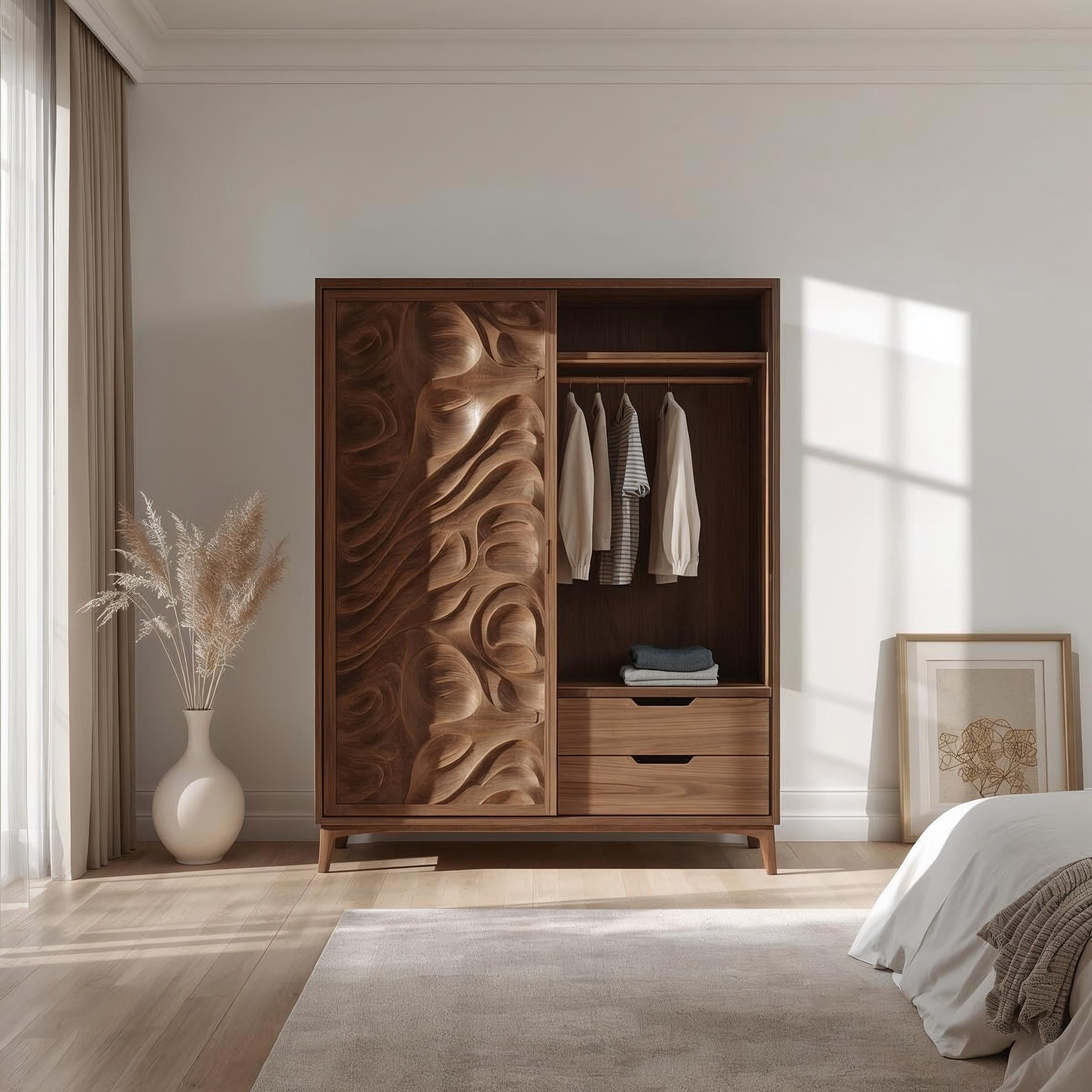 Solid Wood Wardrobe with Carved Panel Door – Modern Bedroom Closet with Drawers