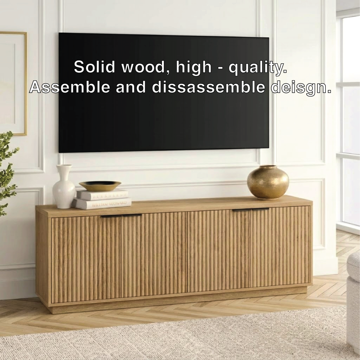 Fluted Solid Wood TV Stand Modern Low Profile Media Console with Hidden Storage