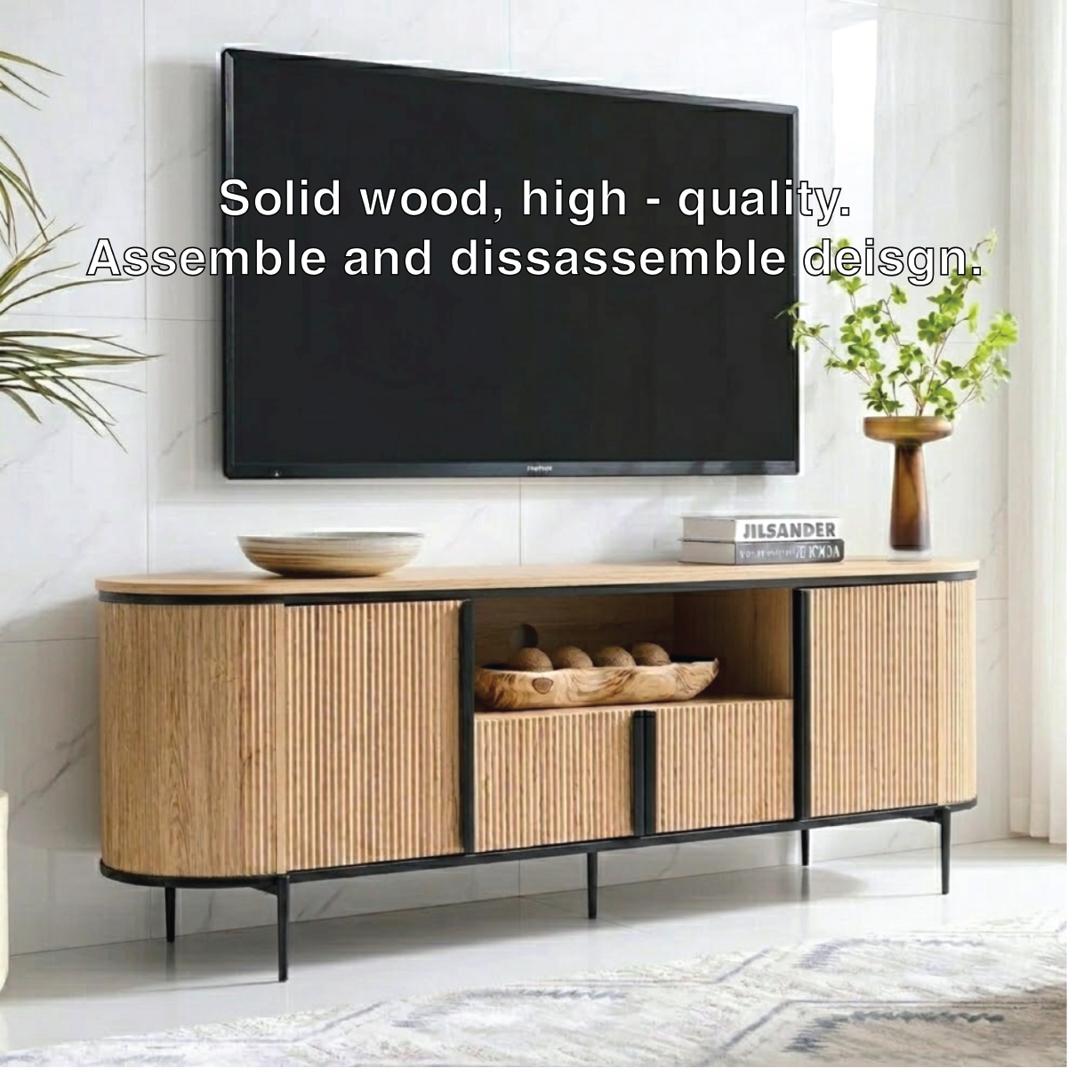 Modern Solid Wood TV Stand Curved Fluted Media Console with Metal Base Storage