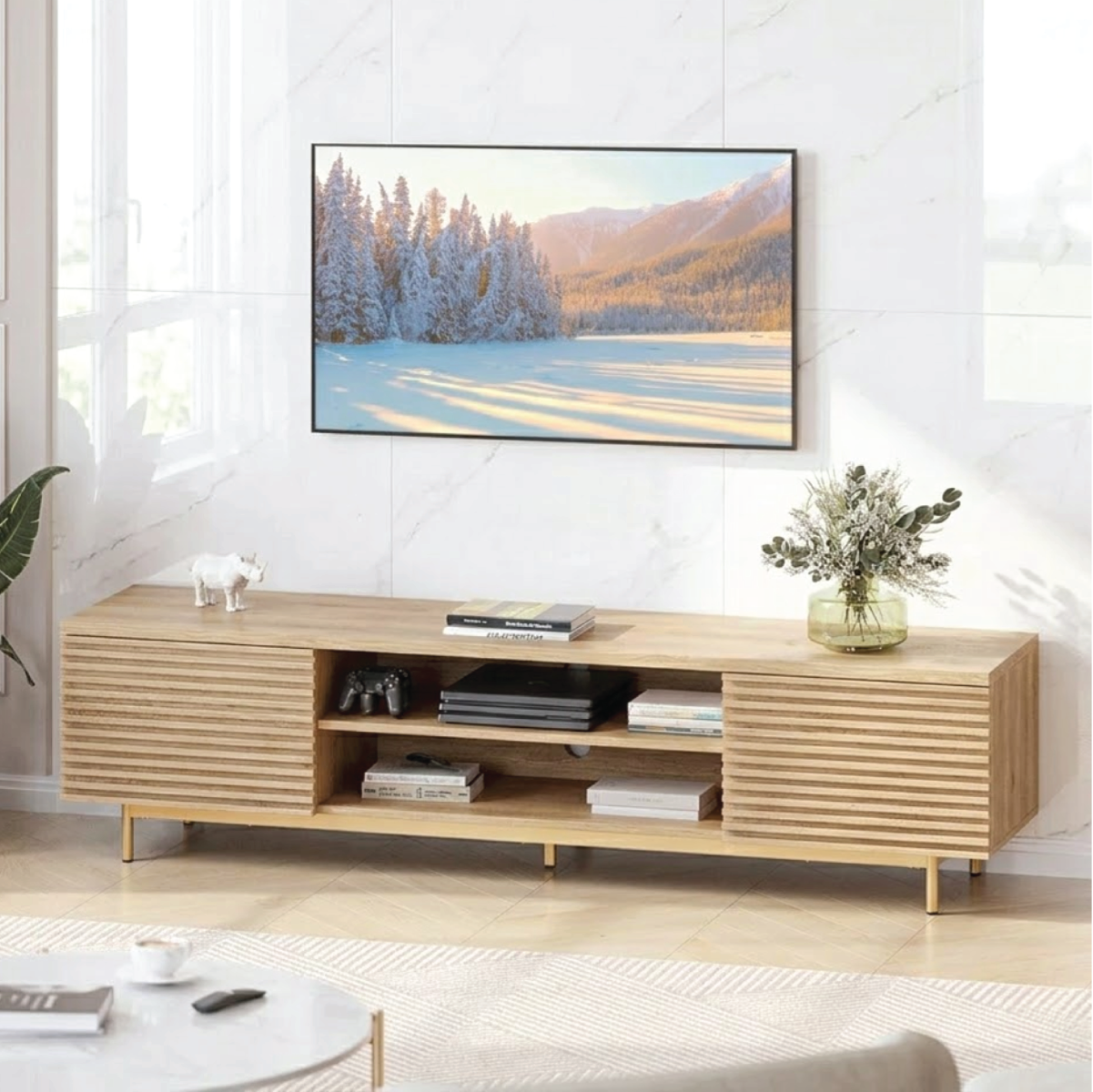 Modern Solid Wood TV Stand with Slatted Panels Open Shelf Media Console Storage