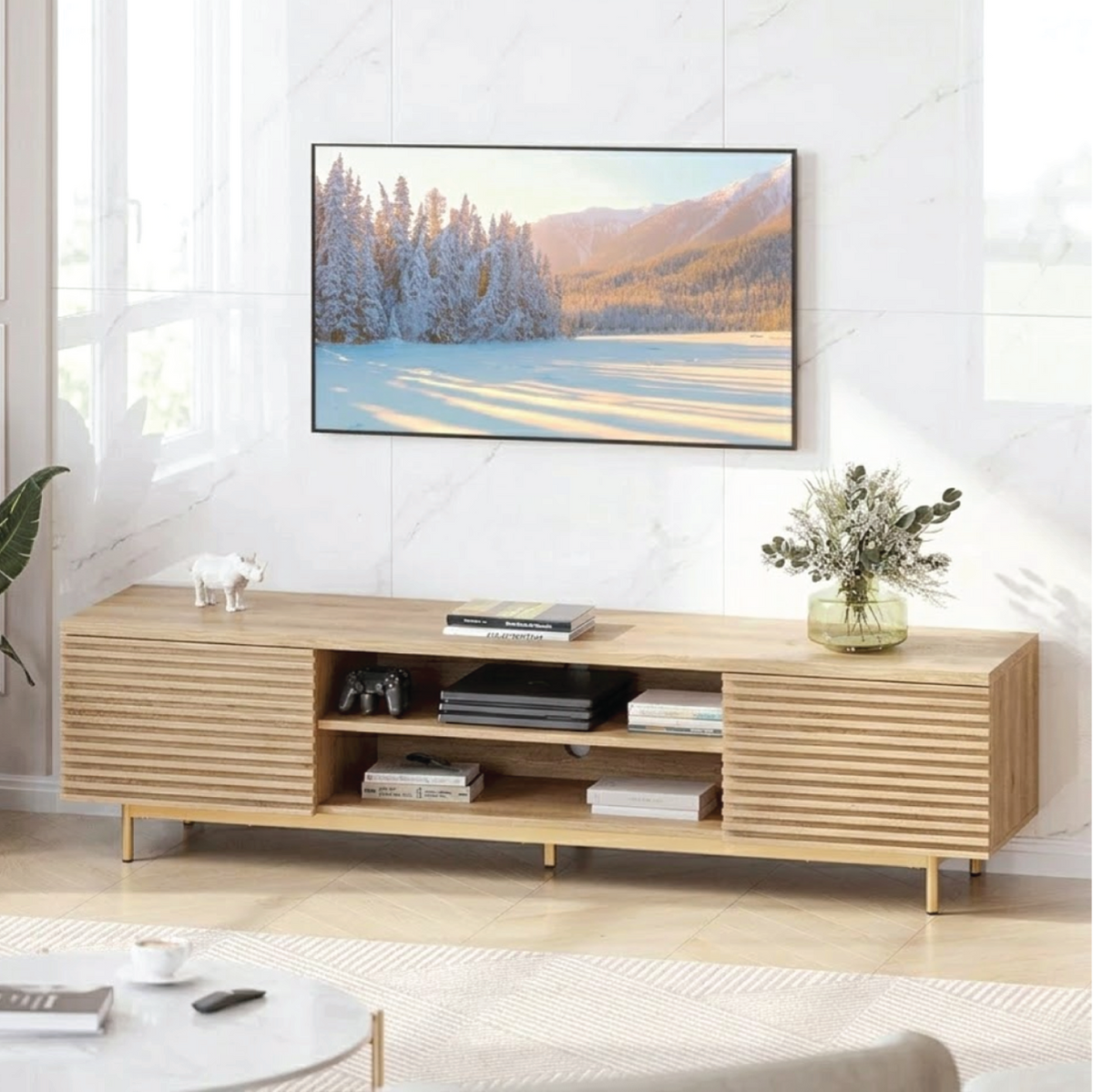Modern Solid Wood TV Stand with Slatted Panels Open Shelf Media Console Storage