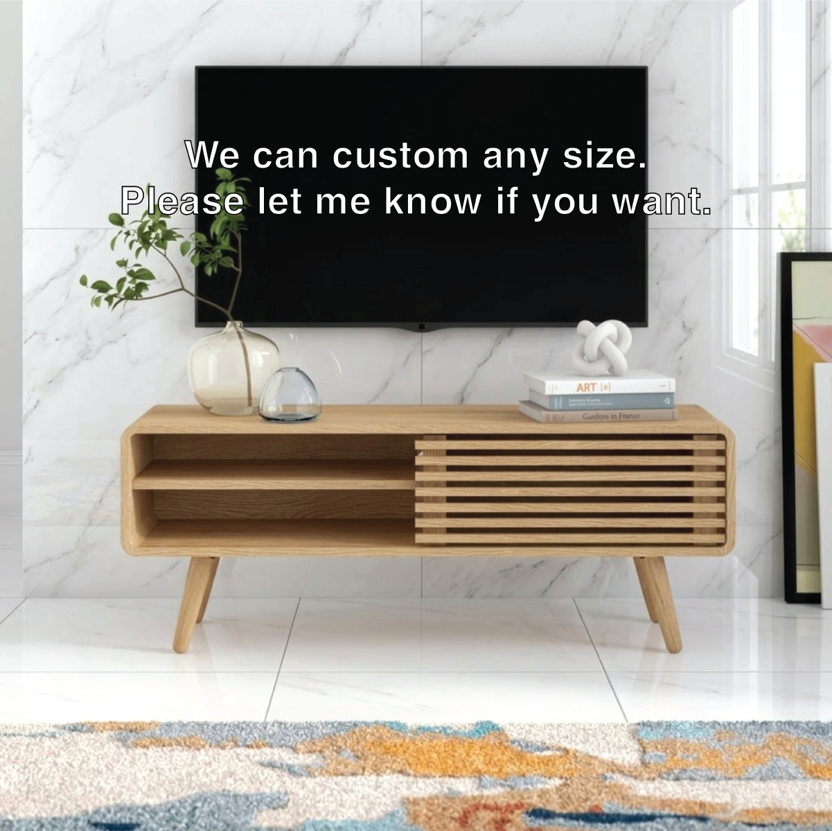 Modern Solid Wood TV Stand with Slatted Door Open Shelf Mid Century Media Console