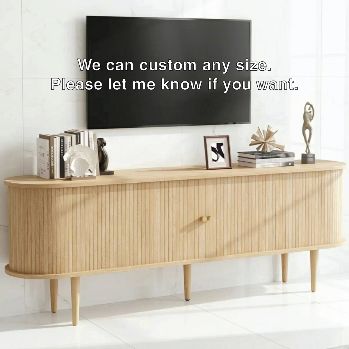 Fluted Solid Wood TV Stand Curved Edge Media Console Mid Century Style Storage