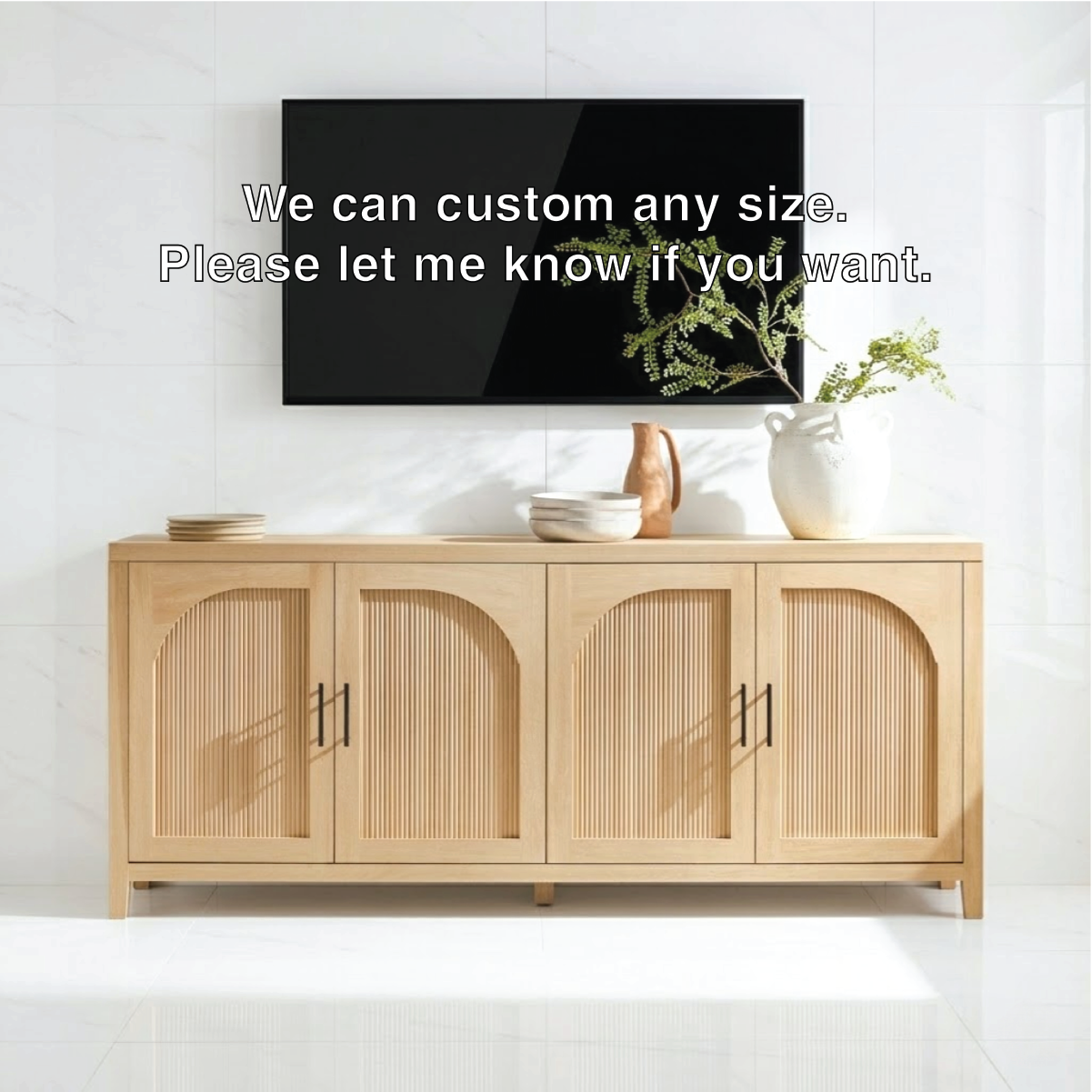 Modern Solid Wood TV Stand Arched Fluted Doors Media Console Storage Cabinet