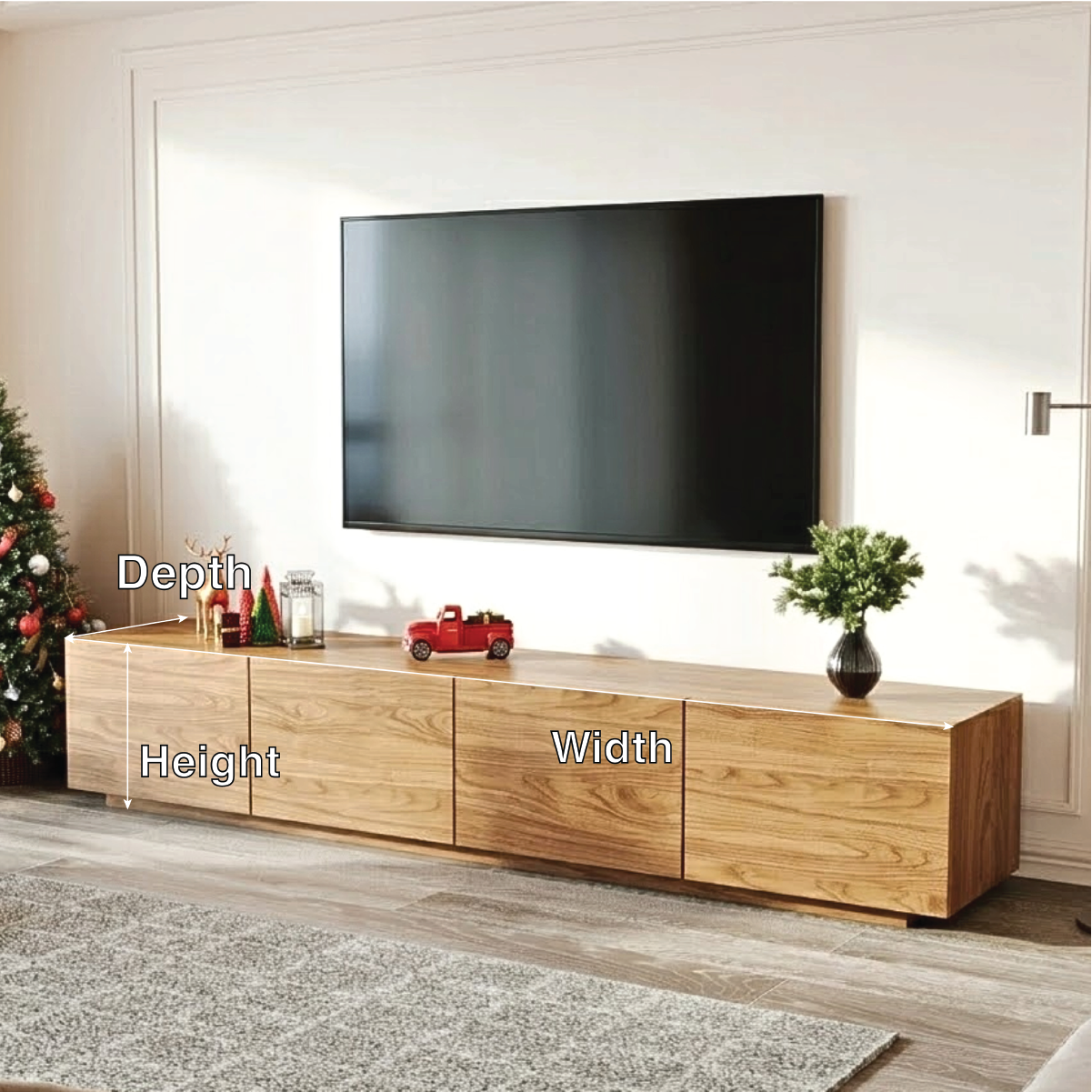 Modern Solid Wood TV Stand Long Low Profile Media Console Minimal Storage Cabinet