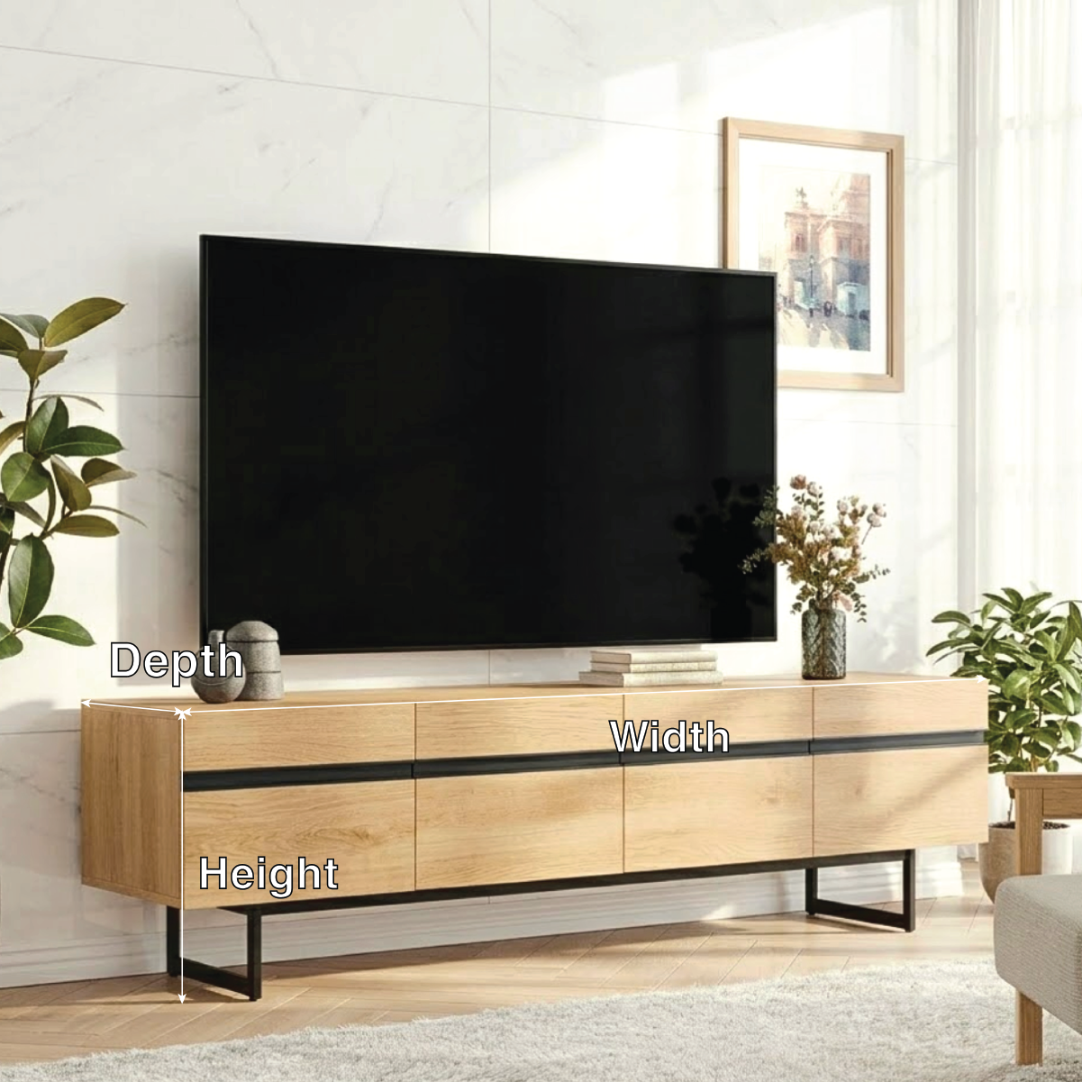 Modern Solid Wood TV Stand Long Media Console with Black Accent and Metal Legs