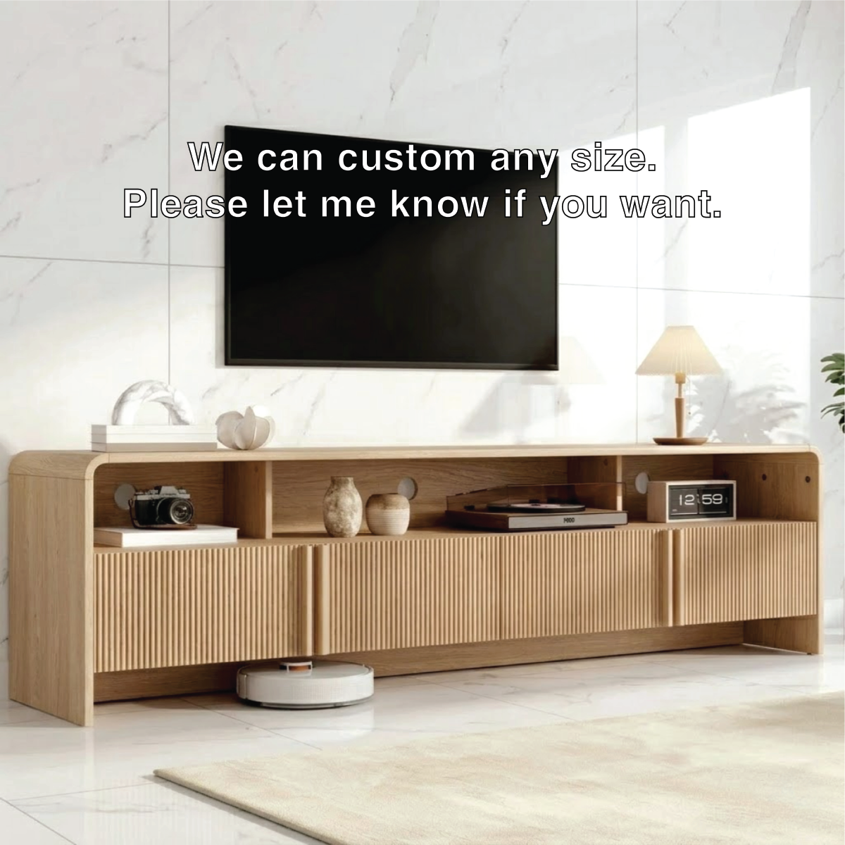 Modern Solid Wood TV Stand with Open Shelf Fluted Doors Low Profile Media Console