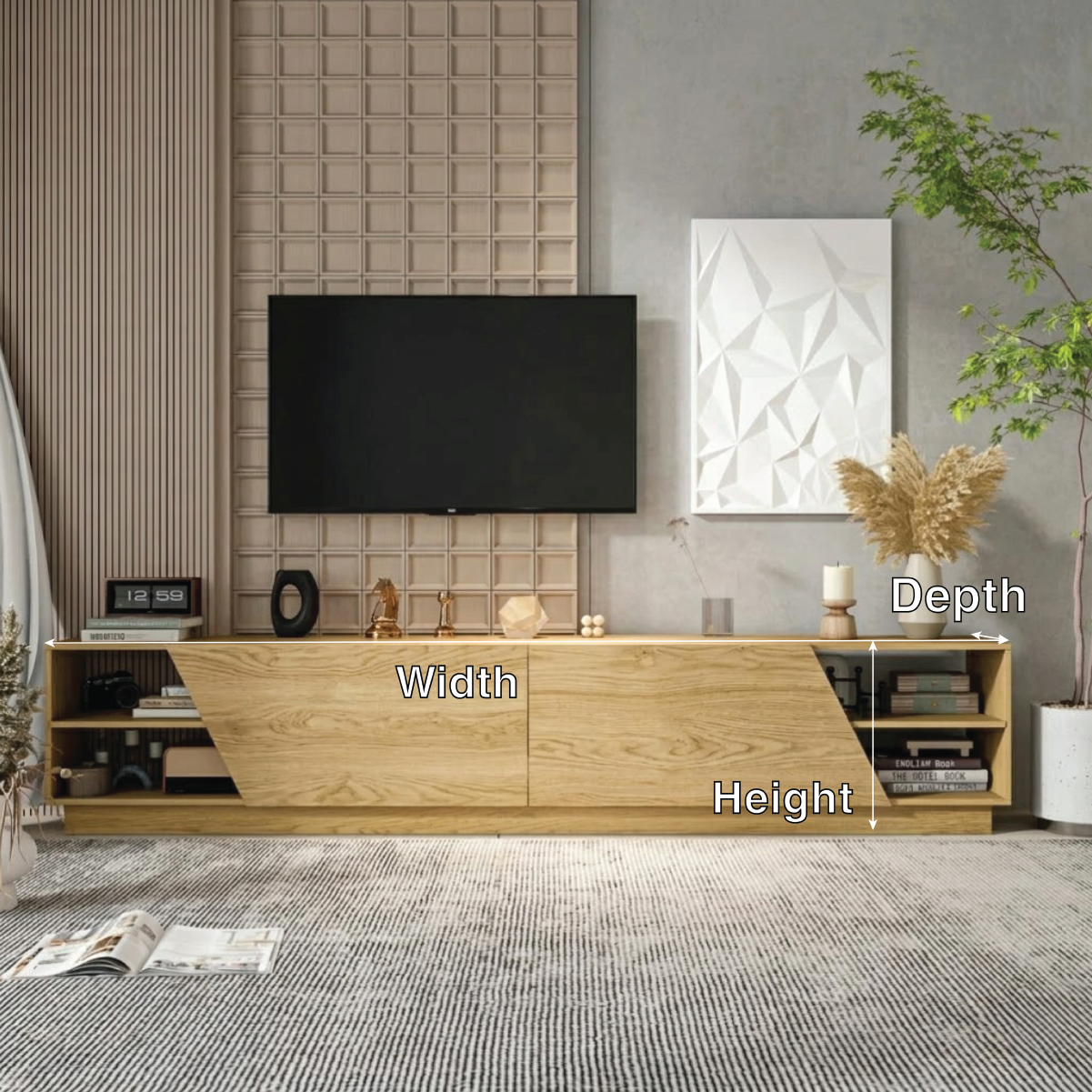 Modern Solid Wood TV Stand Geometric Front Media Console Low Profile Storage Unit