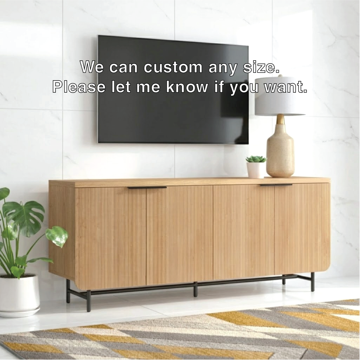 Modern Solid Wood TV Stand Fluted Front Media Console with Metal Base Storage Unit