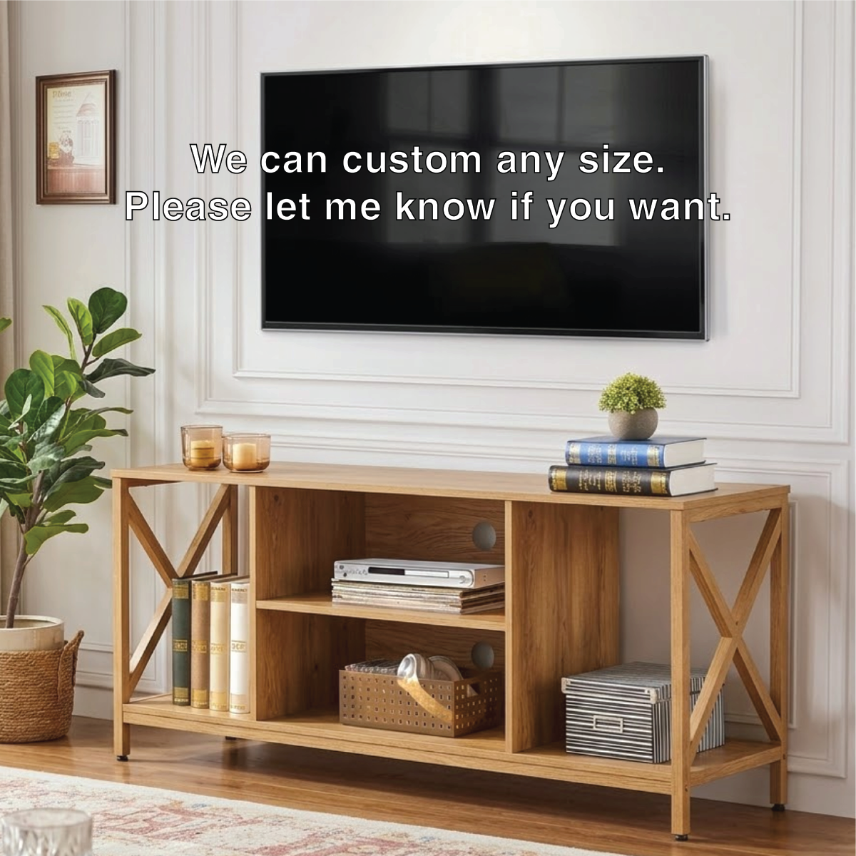 Modern Solid Wood TV Stand with Open Shelves X Frame Sides Media Console