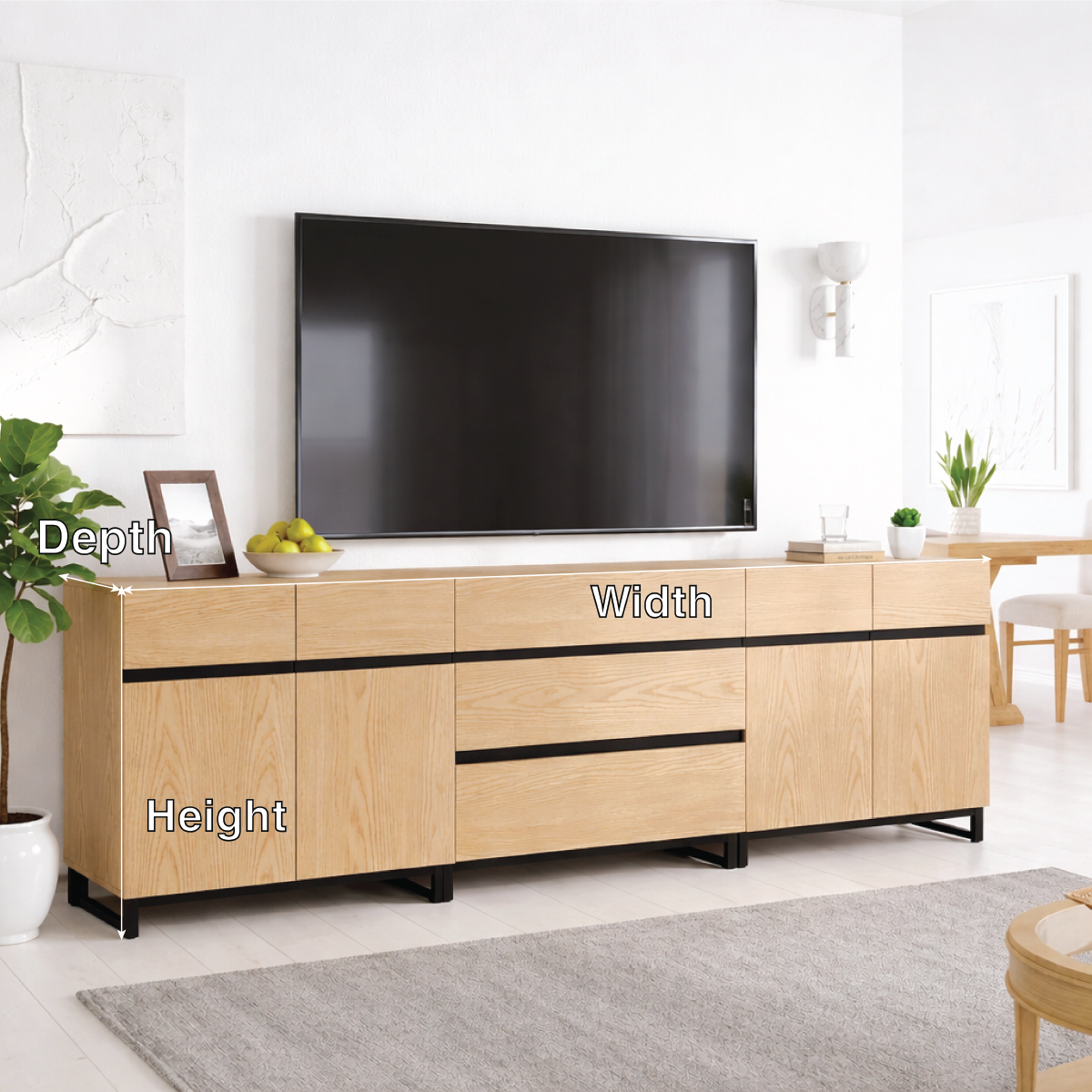 Modern Solid Wood TV Stand Long Media Console with Drawers Black Accent Lines