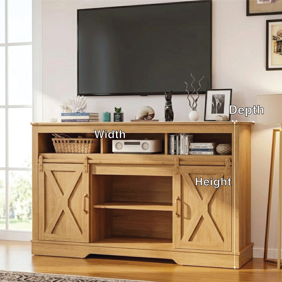Farmhouse Solid Wood TV Stand Sliding Barn Door Media Console with Open Storage