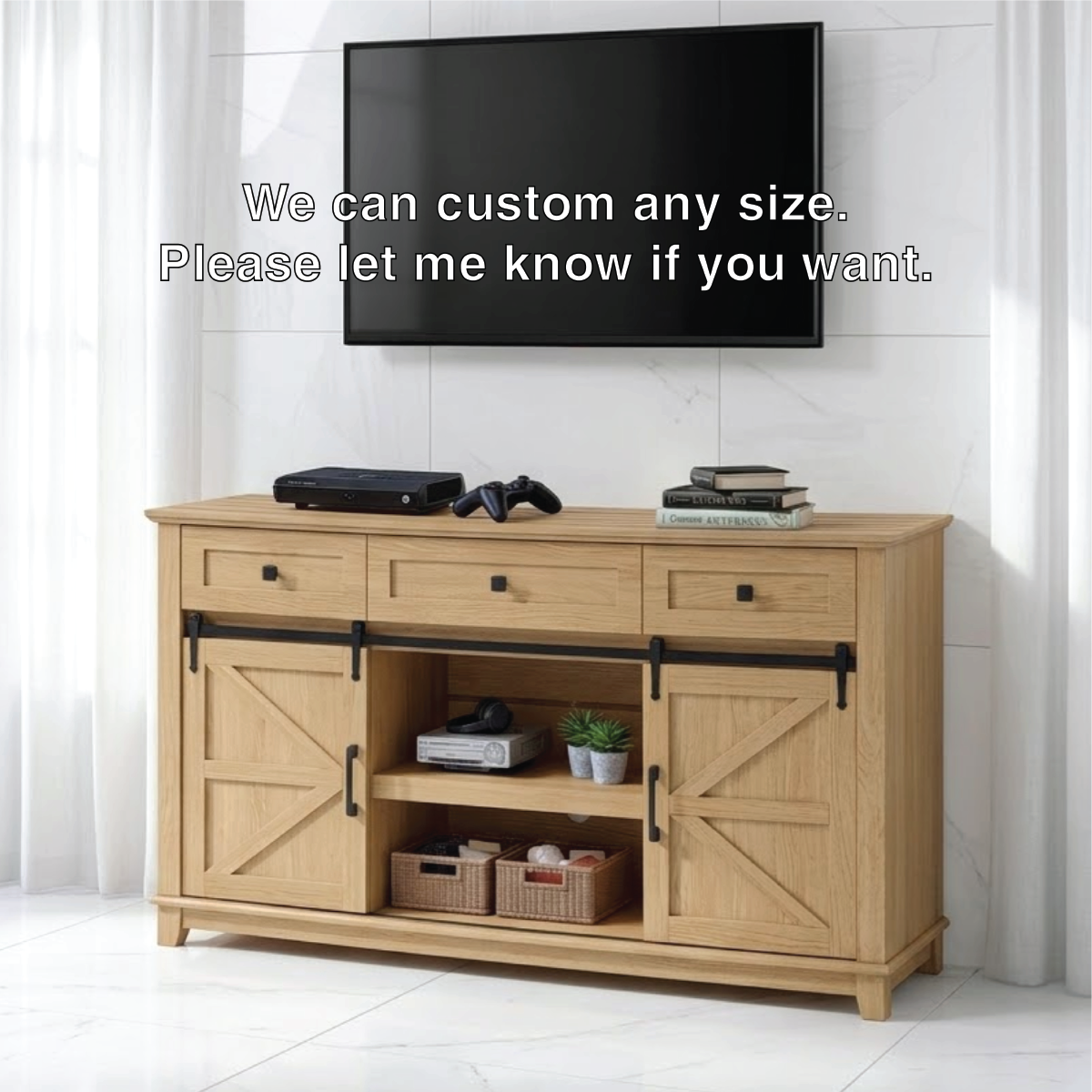 Solid Wood TV Stand with Sliding Barn Doors Drawers and Open Shelf
